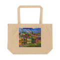 Canvas Tote with Colorful Coastal Village Painting — Large Eco Tote
