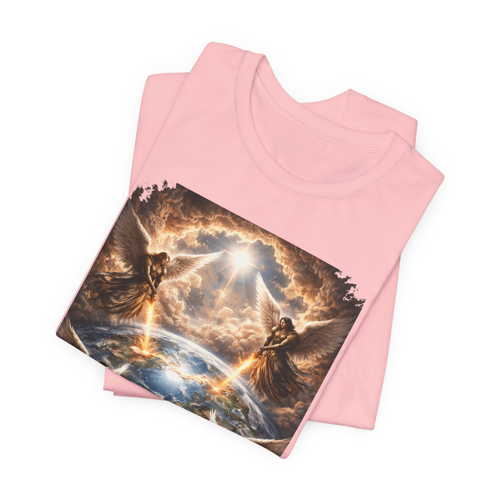 Revelation 7:1 Four angels standing on the four corners of the earth as seen from heaven-when the secound comingis near T‑Shirt — Heavenly Earth & Angels Graphic Tee