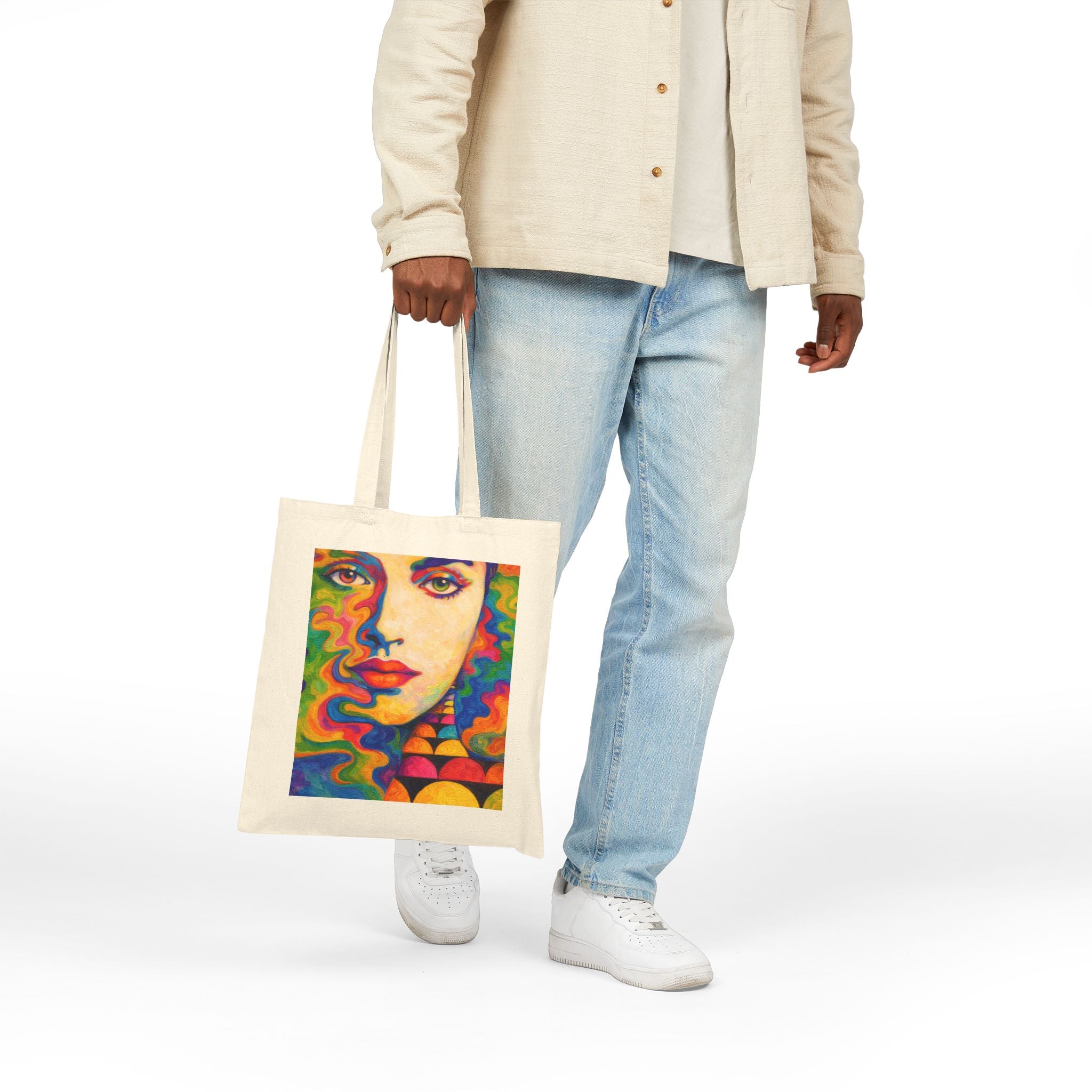 Artistic Psychedelic Face Tote — Colorful Abstract Portrait Canvas Bag