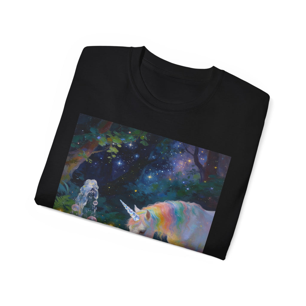 Unicorn Night Garden Tee — Rainbow Unicorn at Moonlit Fountain T-Shirt