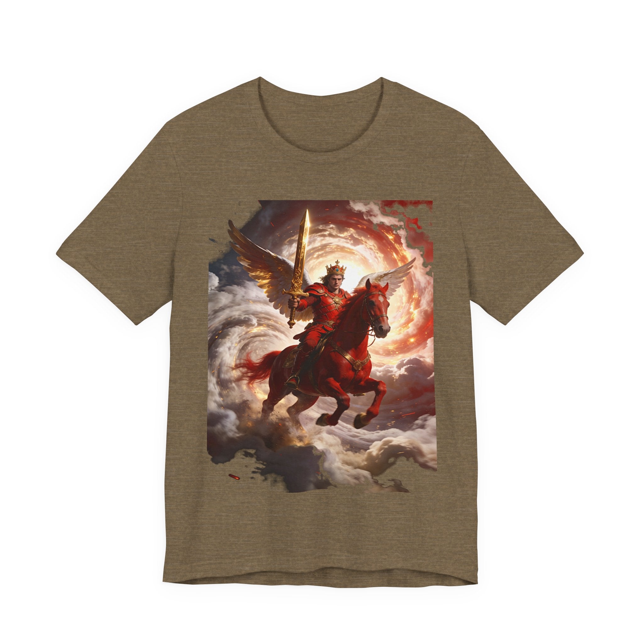 The red horse from Revelation 6:3-4-Winged Knight Riding Red Horse Graphic Tee — Warrior T-Shirt