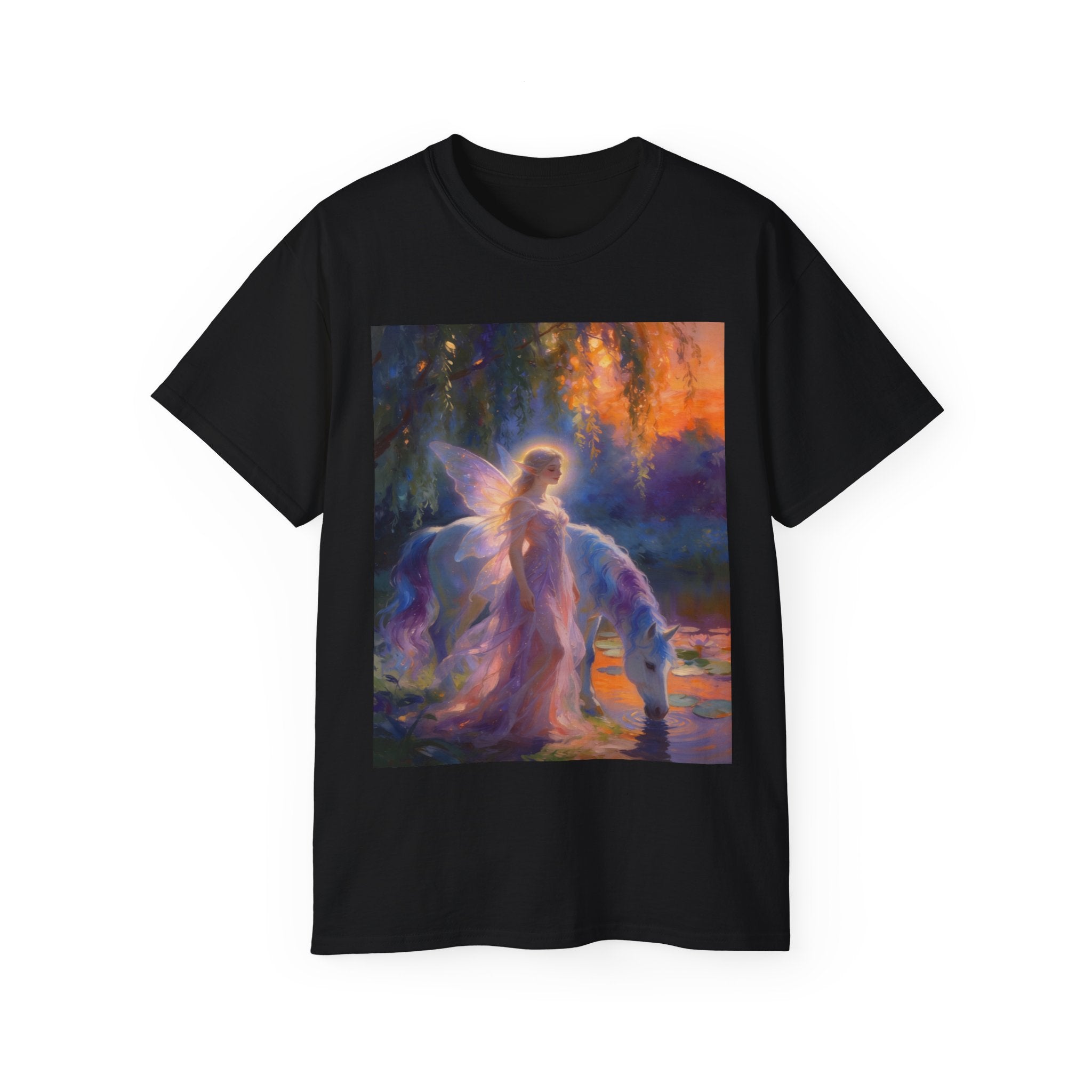 Fairy and Unicorn Fantasy Cotton T-Shirt — Ethereal Sunset Magic Tee