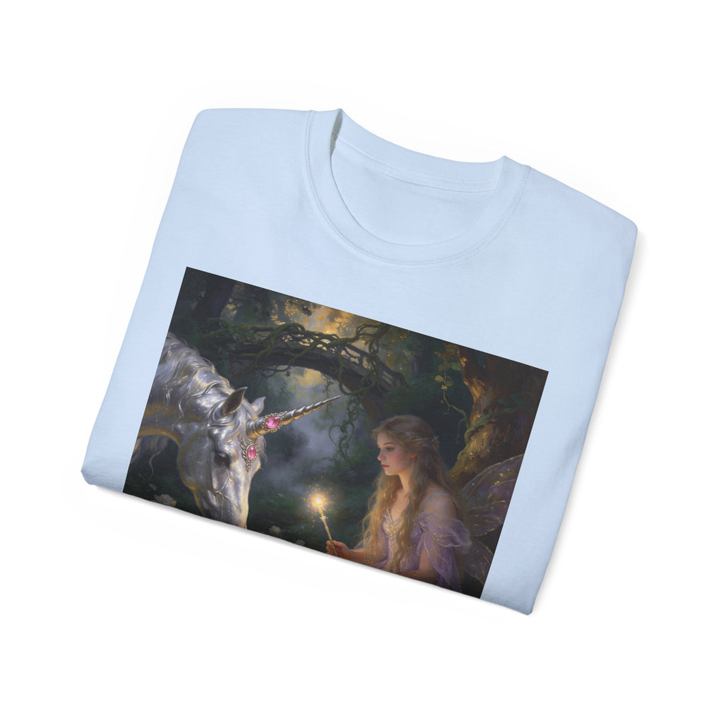 Unicorn Night Fairy Cotton T‑Shirt — Enchanted Girl & Unicorn Art Tee