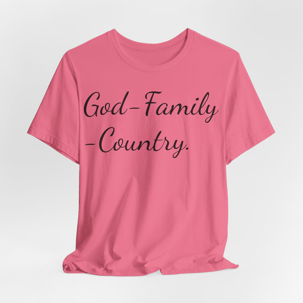 God · Family · Country Script Tee — Patriotic Christian Short Sleeve Shirt