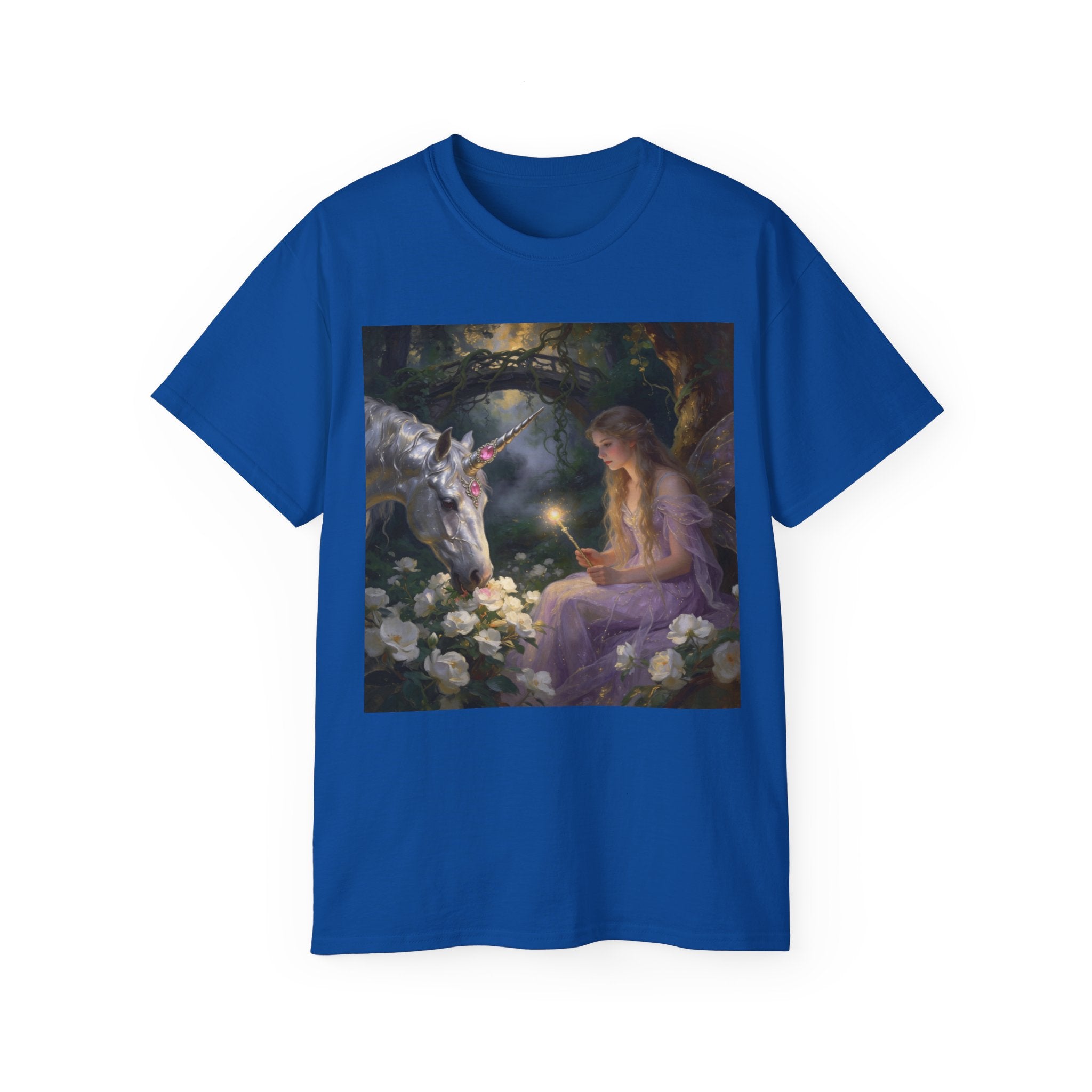 Unicorn Night Fairy Cotton T‑Shirt — Enchanted Girl & Unicorn Art Tee