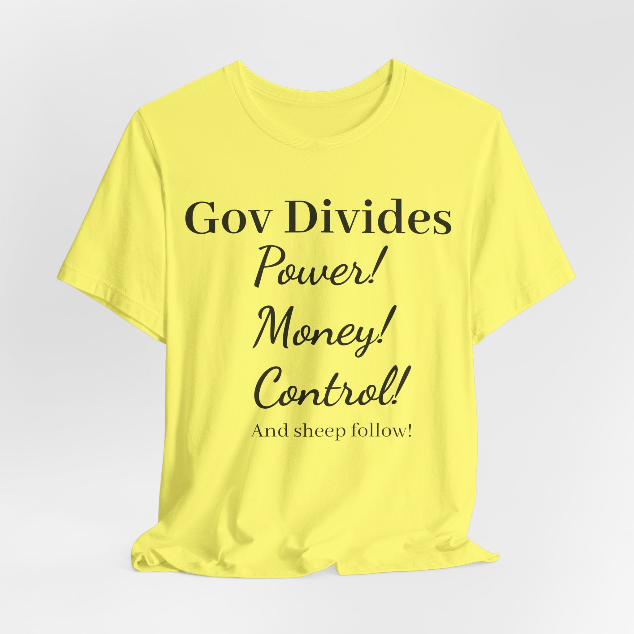 Gov Divides T‑Shirt – "Gov Divides: Power! Money! Control!" Political Statement Tee