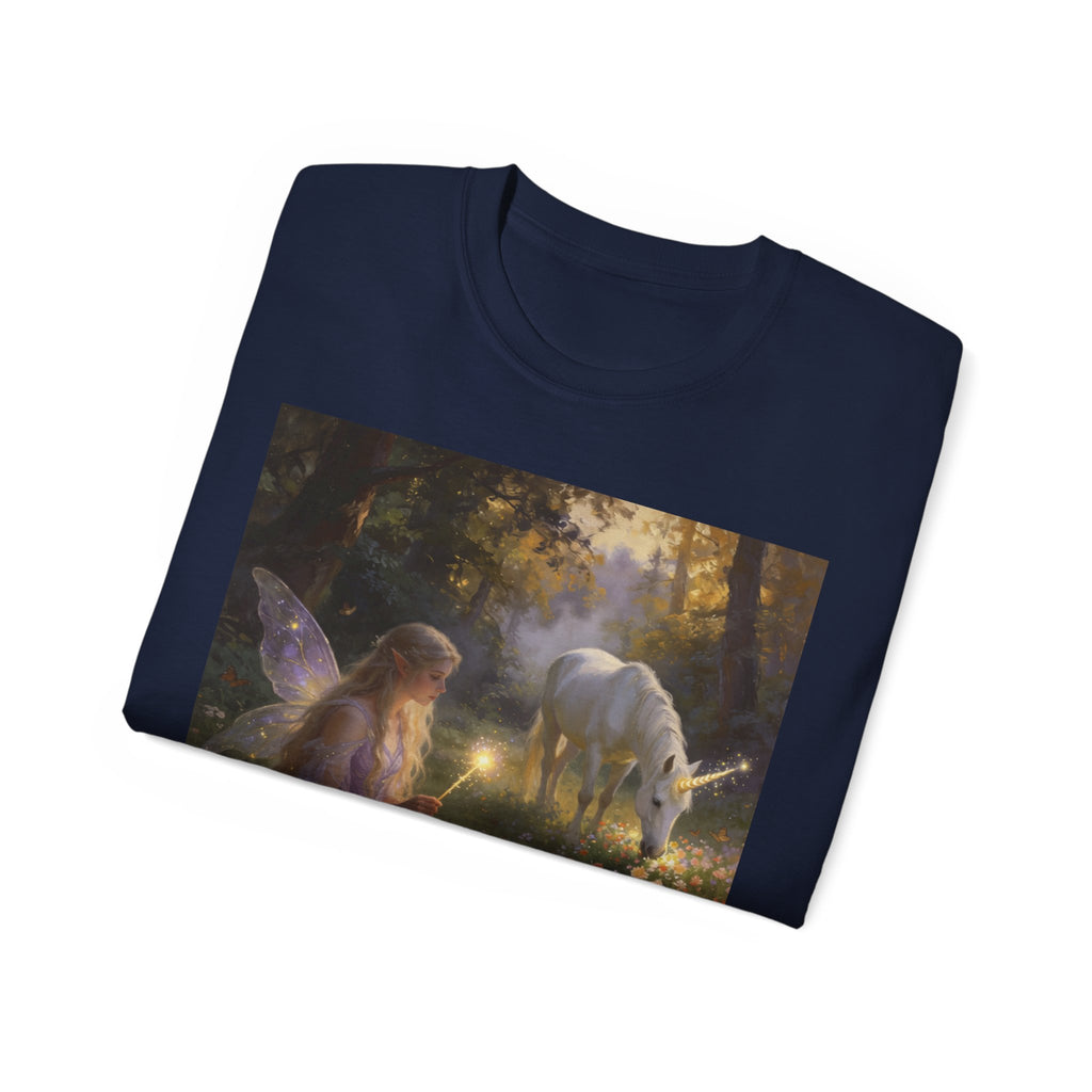 Fairy and Unicorn Cotton Forest Tee — Enchanted Fantasy Graphic T‑Shirt