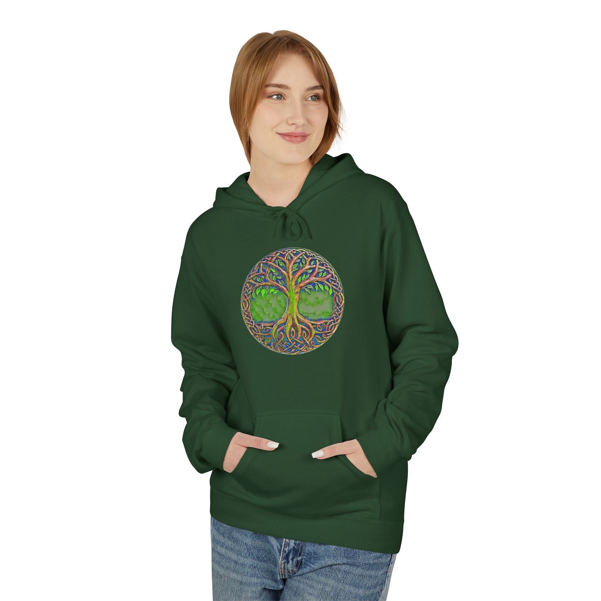 Yggdrasil, the Tree of Life Cotton Hoodie — Green Nature Mandala Pullover
