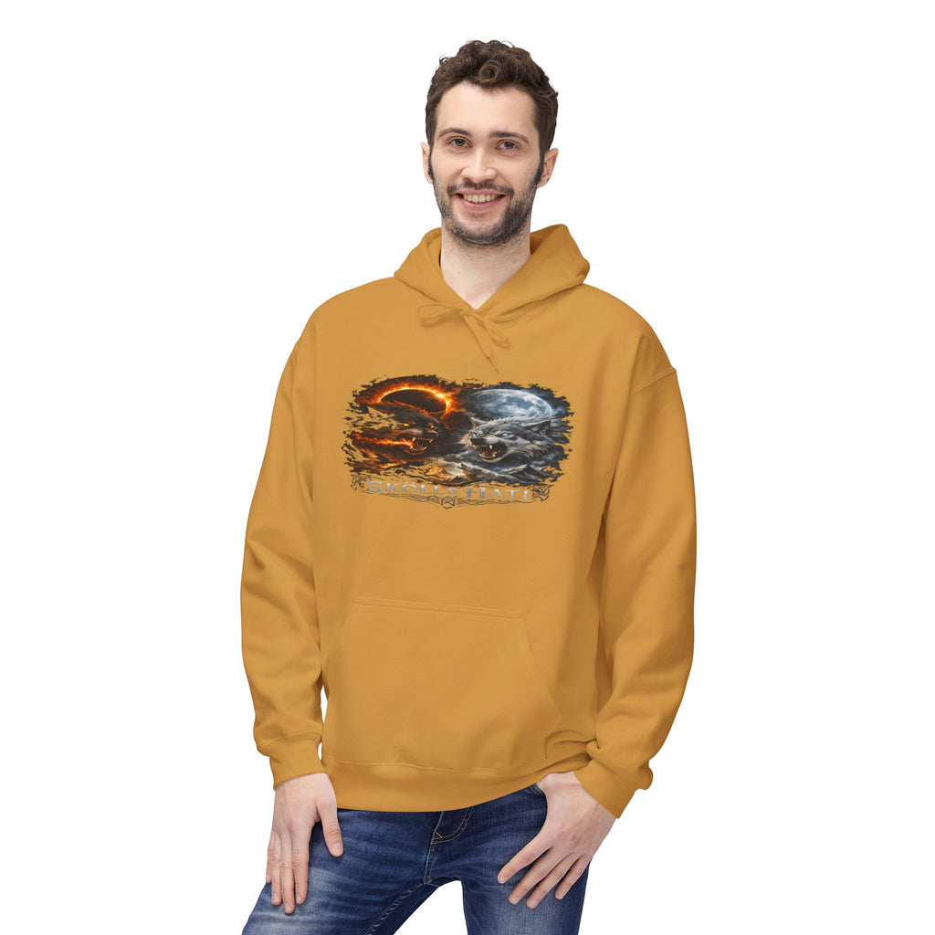Skoll & Hati Norse Mythology Hoodie — Fire and Ice Wolves Graphic
