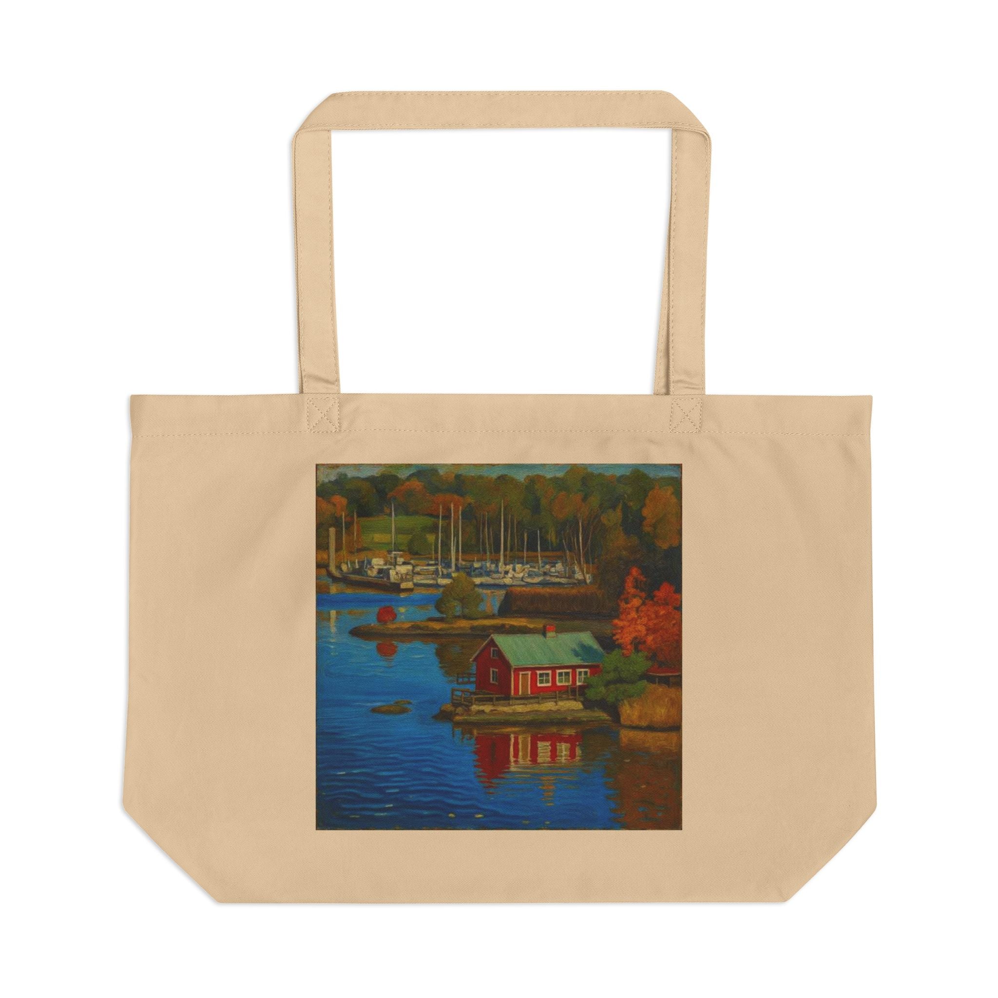 Autumn Harbor Tote Bag — Scenic Lakeside Painting Canvas Bag