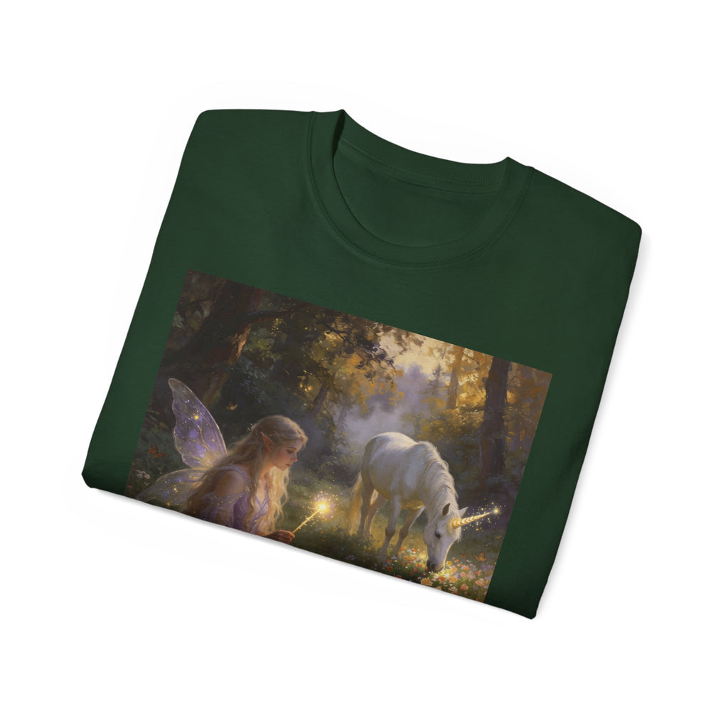 Fairy and Unicorn Cotton Forest Tee — Enchanted Fantasy Graphic T‑Shirt