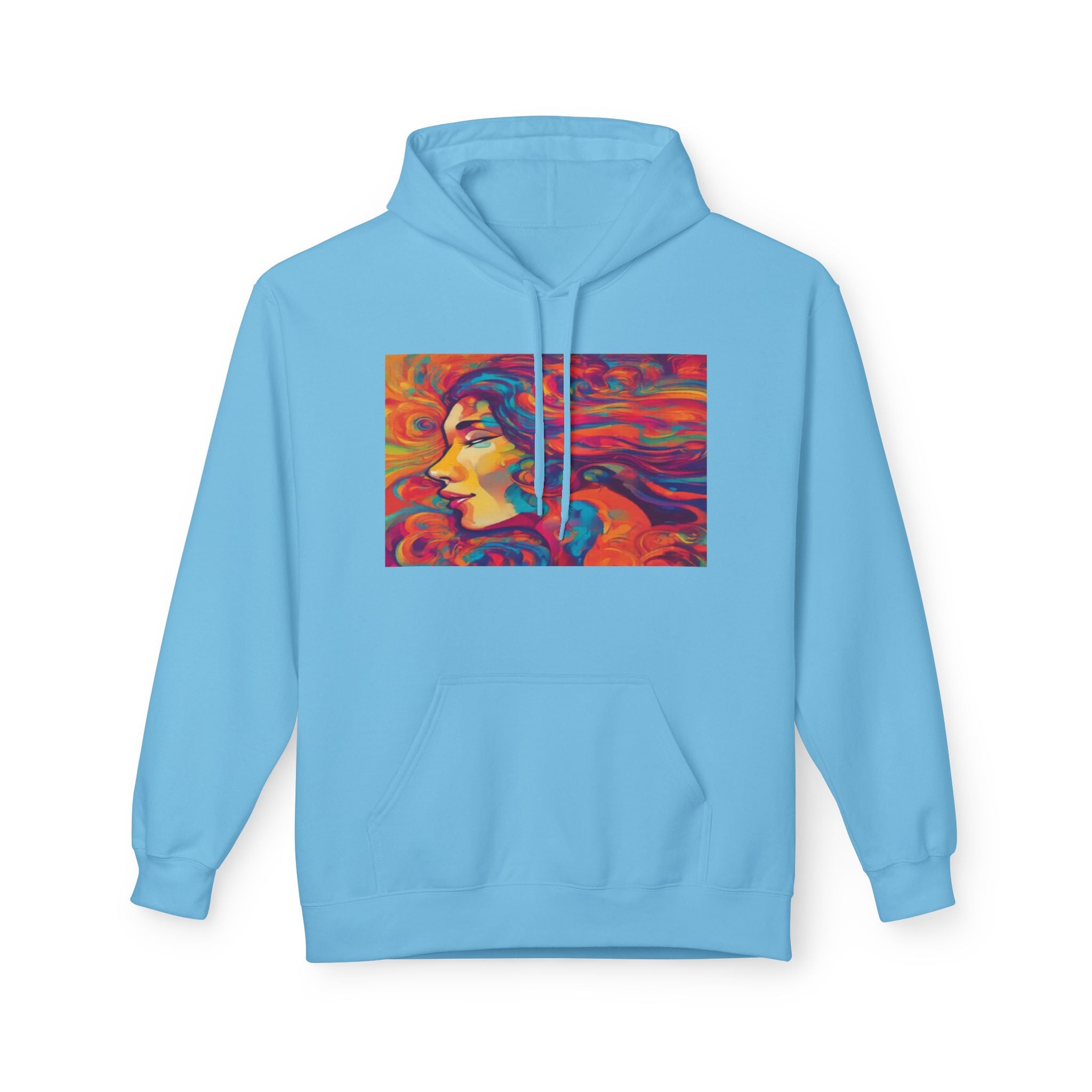 Colorful 1970s Psychedelic Woman Portrait Hoodie — Vibrant Retro Art Pullover