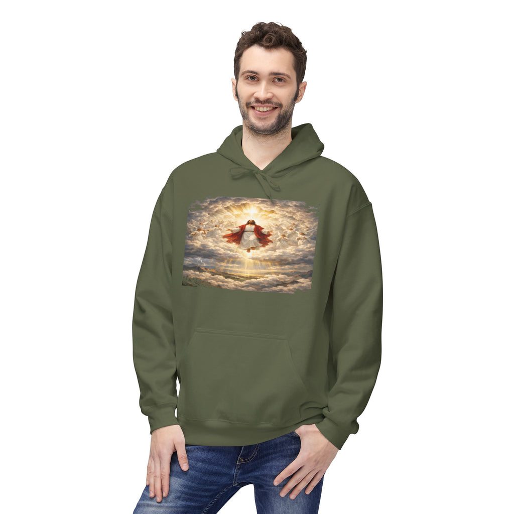 Jesus Christ Second Coming-Angel in the Clouds Hoodie — Spiritual Sunrise Graphic Hoodie