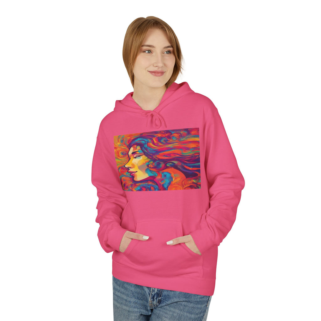 Colorful 1970s Psychedelic Woman Portrait Hoodie — Vibrant Retro Art Pullover