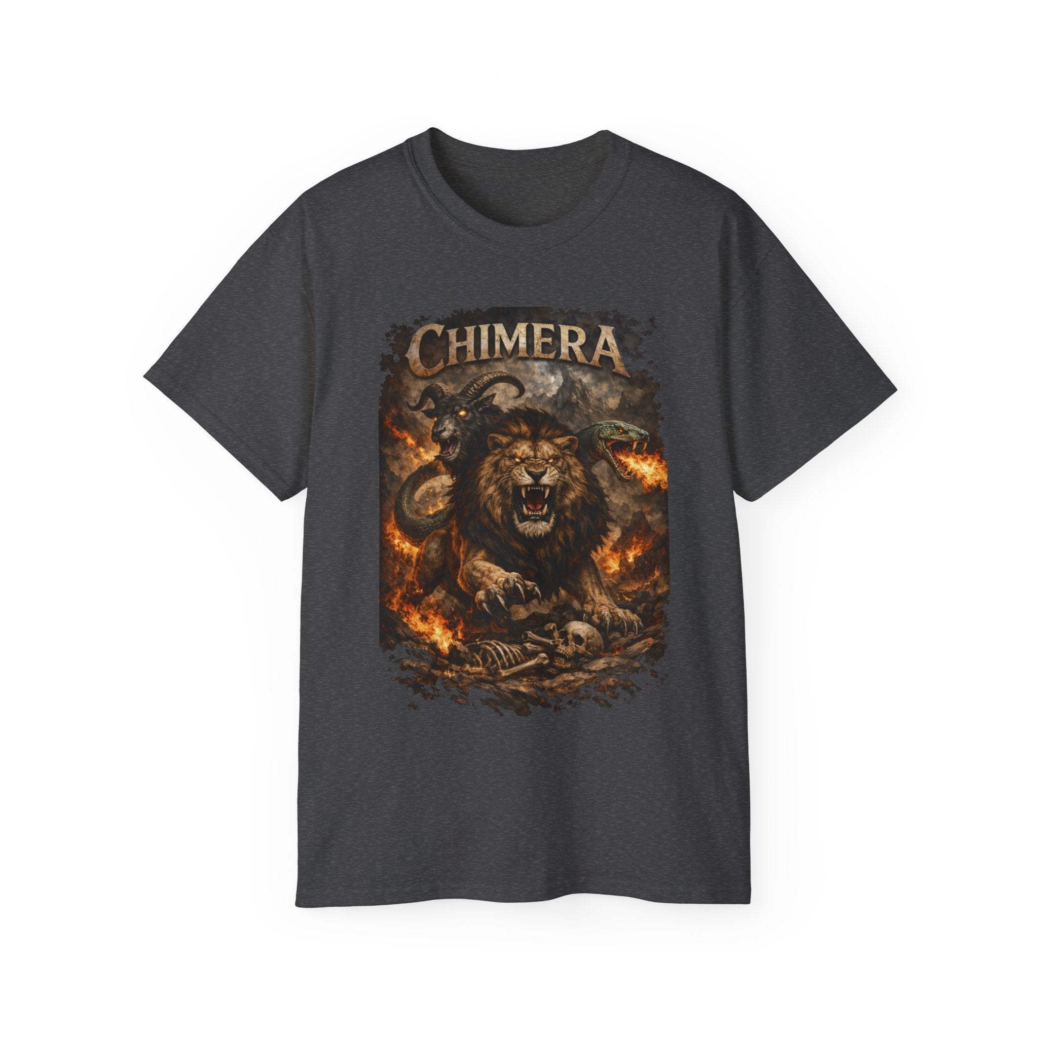 Chimera Mythical Beast - A Creature Born of Conflict Cotton Tee — Fierce Lion-Dragon Wolf Design