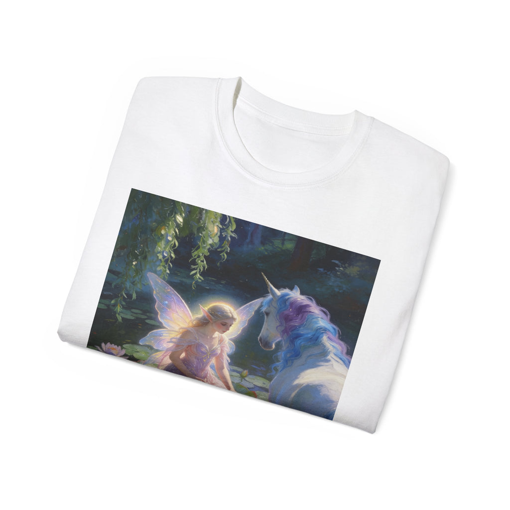 Fairy and Unicorn Cotton Tee — Enchanted Forest Fantasy T-Shirt