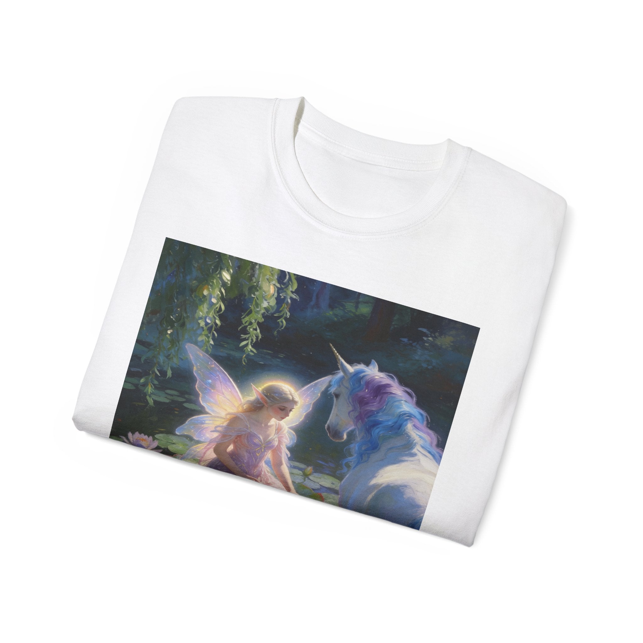 Fairy and Unicorn Cotton Tee — Enchanted Forest Fantasy T-Shirt