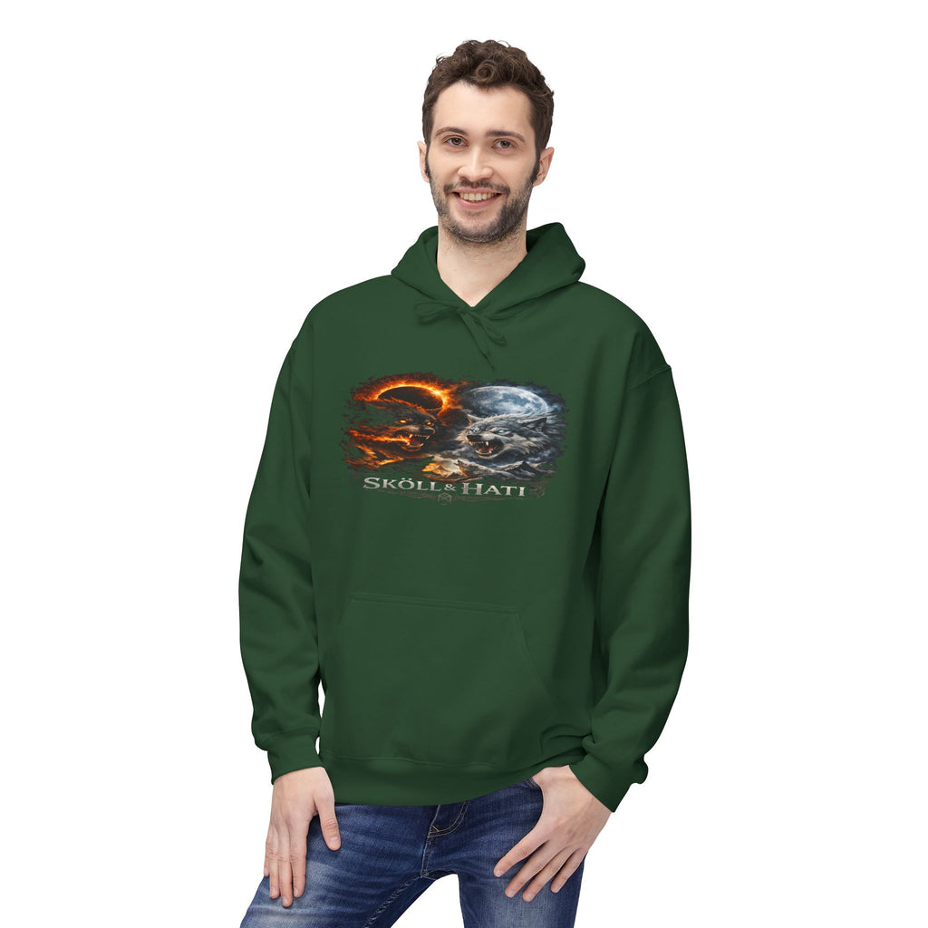 Skoll & Hati Norse Mythology Hoodie — Fire and Ice Wolves Graphic