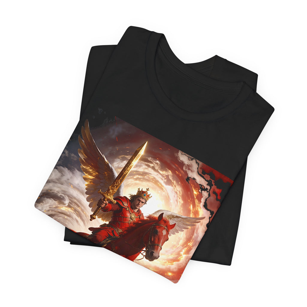The red horse from Revelation 6:3-4-Winged Knight Riding Red Horse Graphic Tee — Warrior T-Shirt