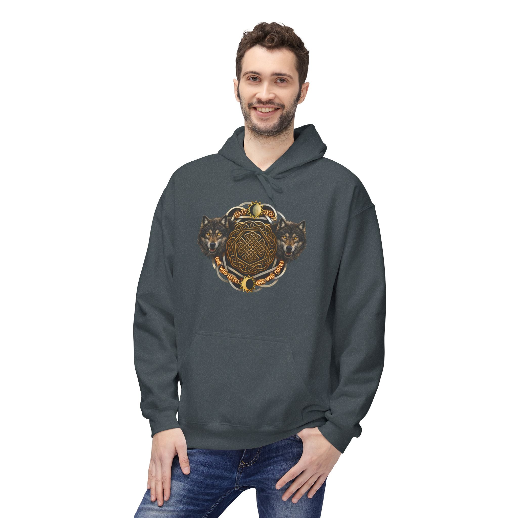 Skoll and Hati – The Wolves of the Sun and Moon-Hoodie — Rustic Wildlife Graphic Hooded Sweatshirt