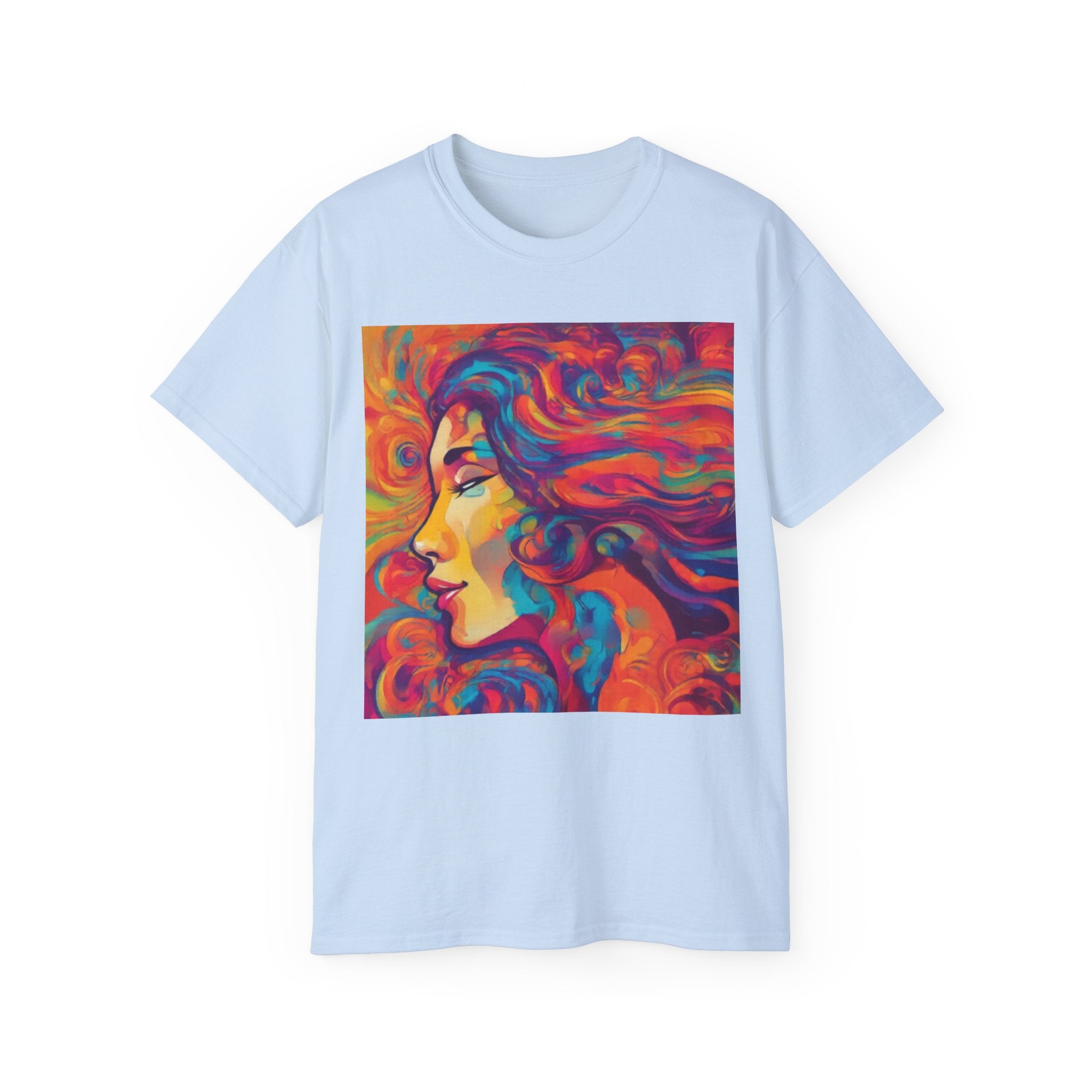 Psychedelic Woman Portrait cotton Tee — Vibrant Colorful Art T-Shirt