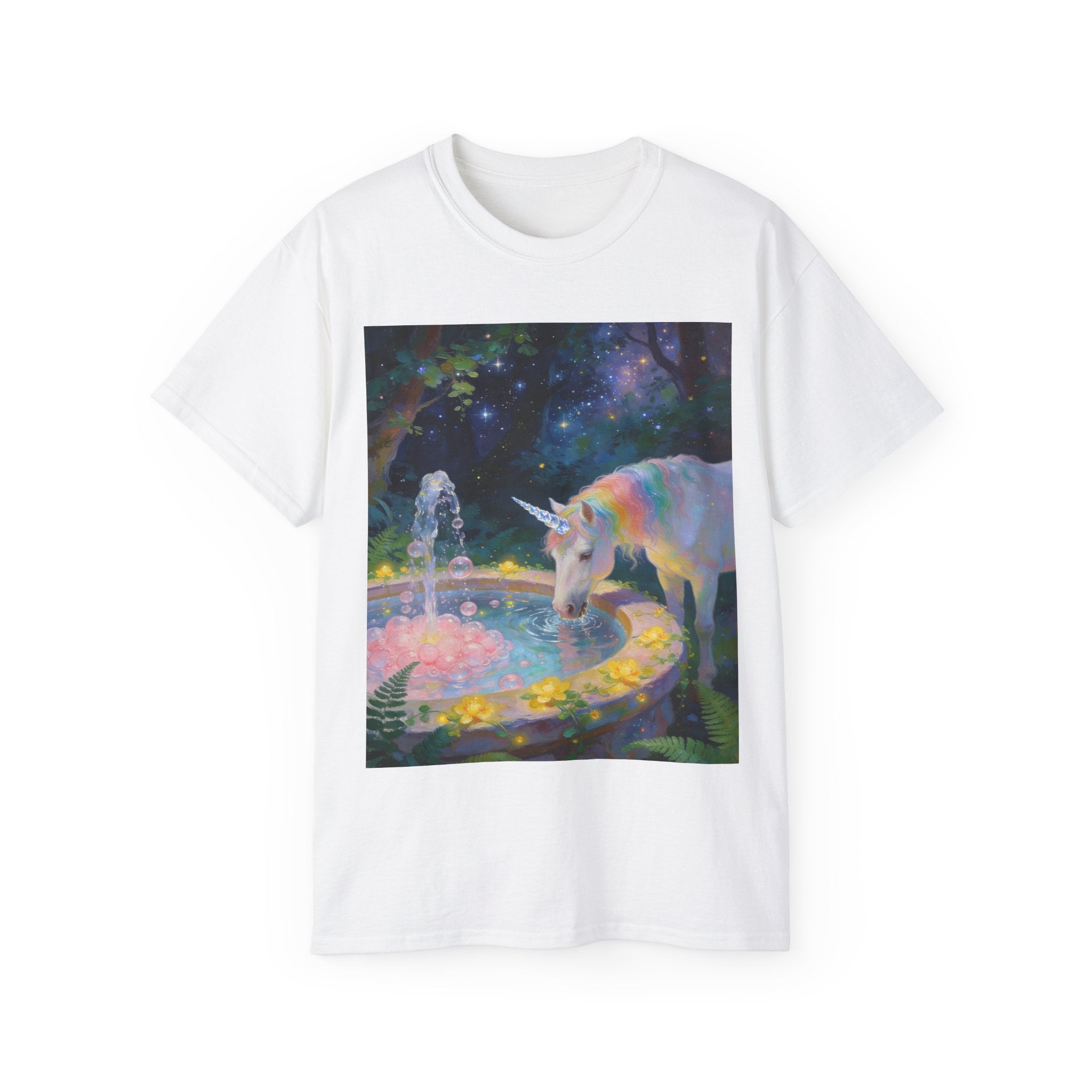 Unicorn Night Garden Tee — Rainbow Unicorn at Moonlit Fountain T-Shirt