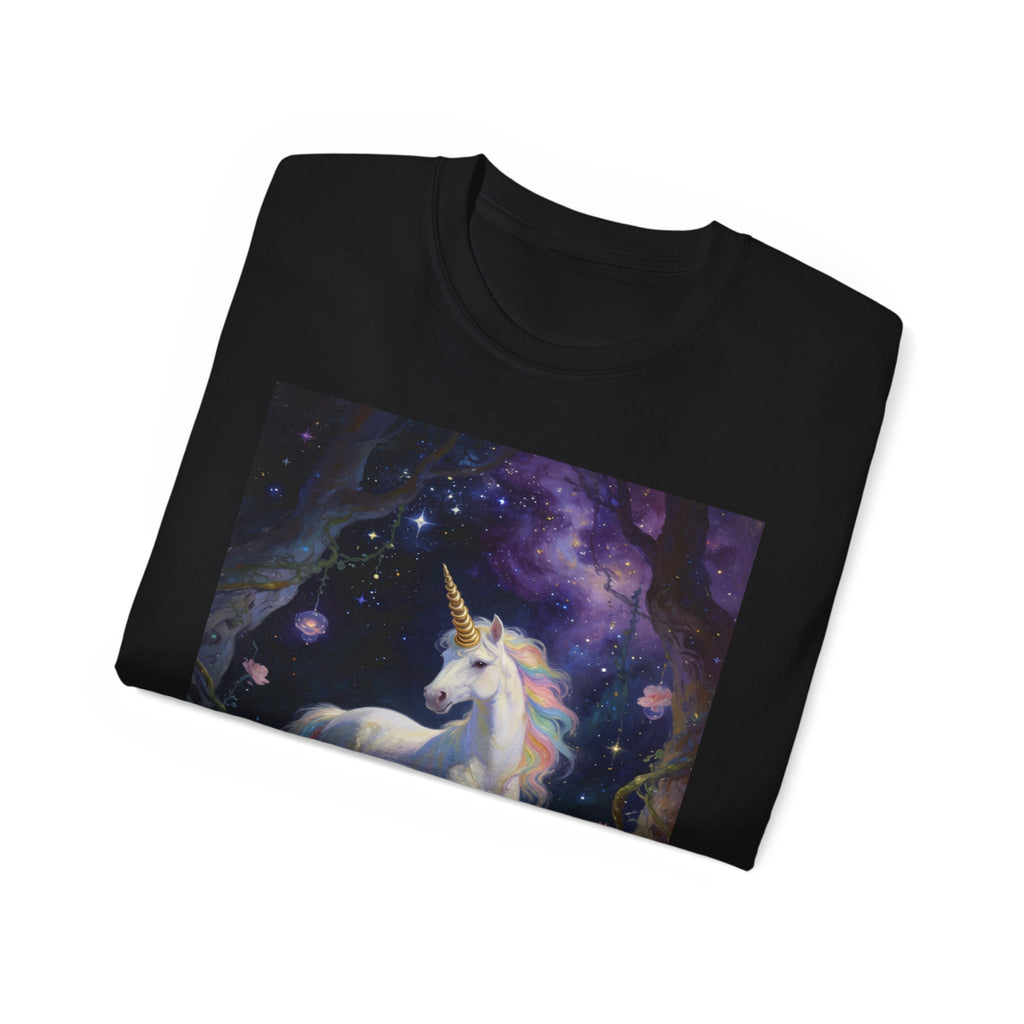 Unicorn Fantasy Cotton T‑Shirt — Enchanted Night Forest Graphic Tee