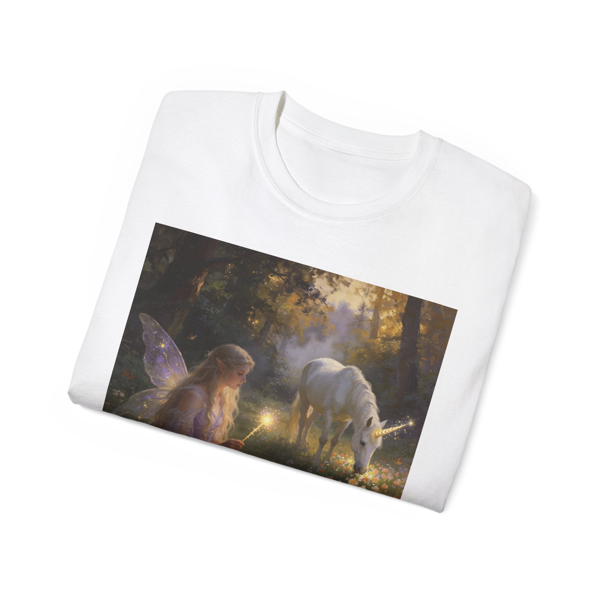 Fairy and Unicorn Cotton Forest Tee — Enchanted Fantasy Graphic T‑Shirt