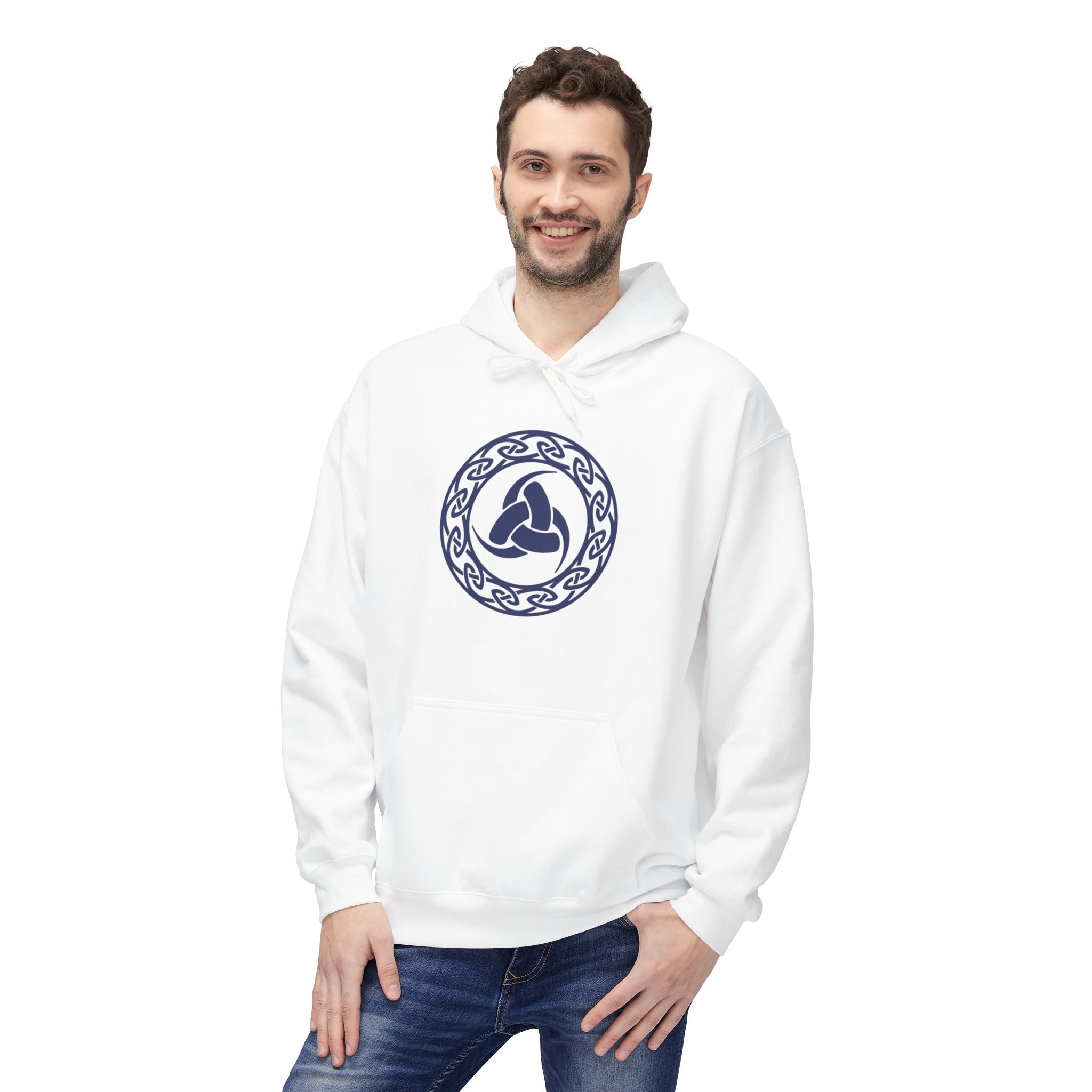 Viking Helm Emblem Hoodie — Norse Rune Knot Medallion-The Triple Horn of Odin – The Horn Triskelion