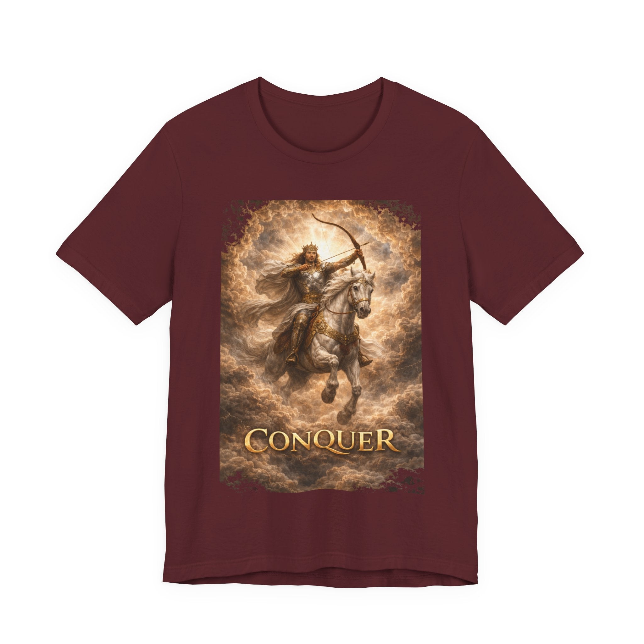The white horse from Revelation 6:1-2! T‑Shirt — "Conquer" Warrior Archer Graphic Tee