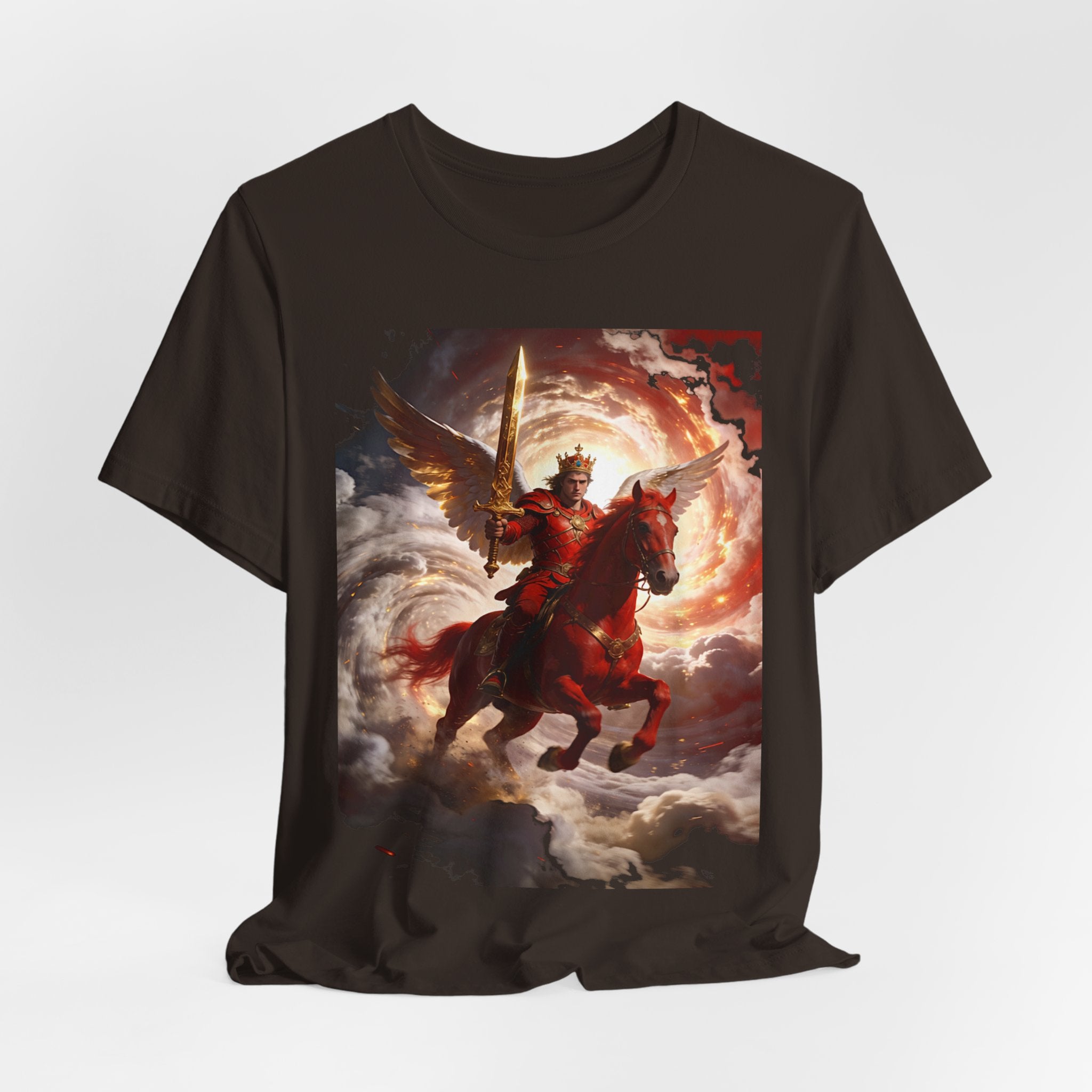 The red horse from Revelation 6:3-4-Winged Knight Riding Red Horse Graphic Tee — Warrior T-Shirt