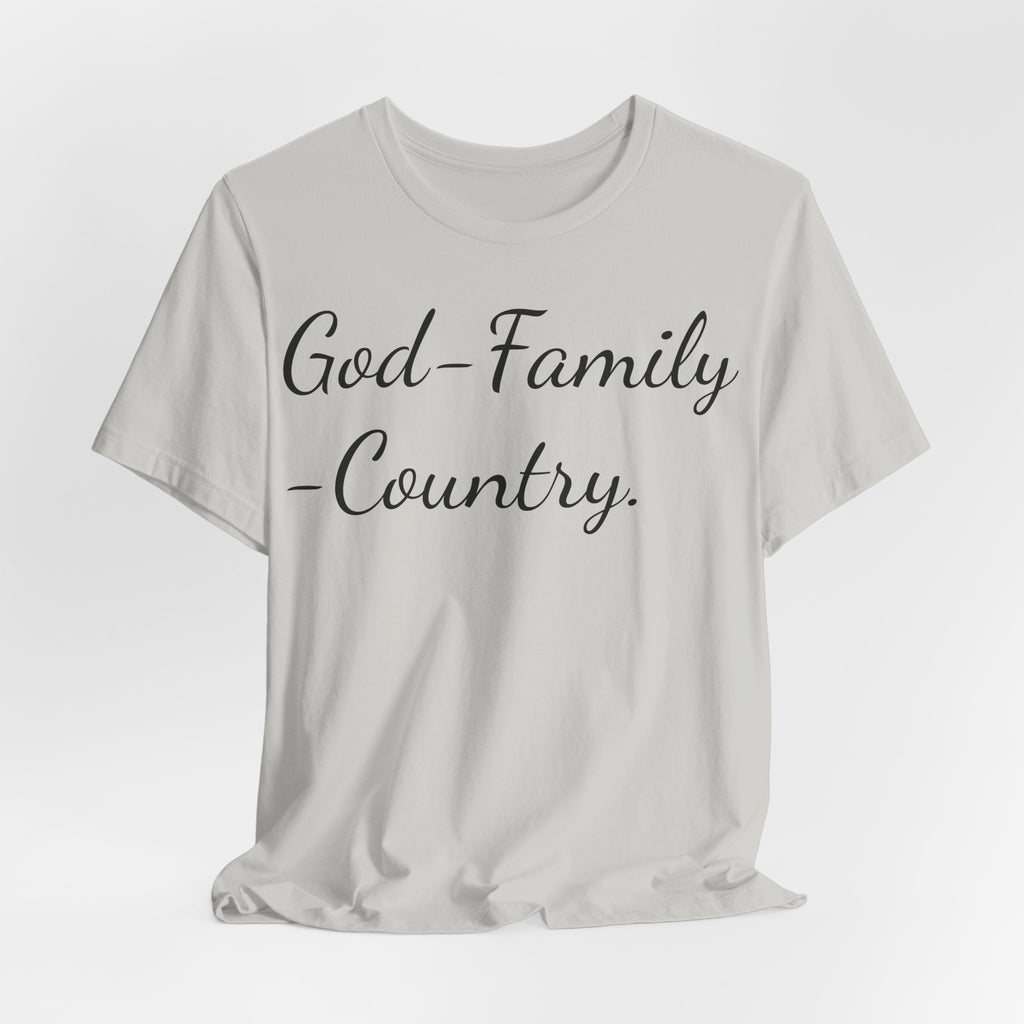God · Family · Country Script Tee — Patriotic Christian Short Sleeve Shirt