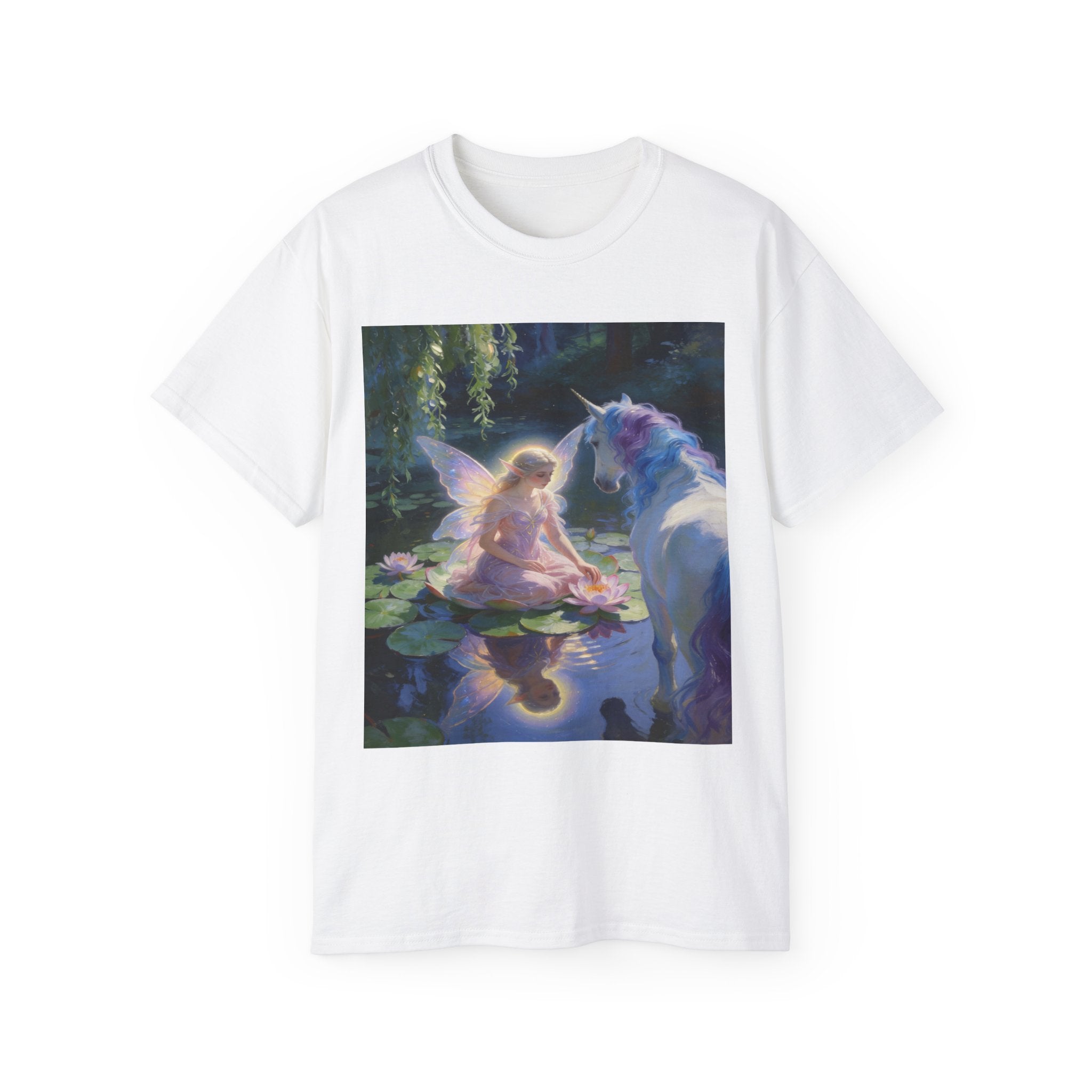 Fairy and Unicorn Cotton Tee — Enchanted Forest Fantasy T-Shirt