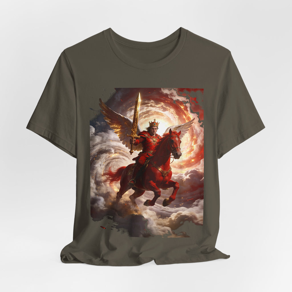 The red horse from Revelation 6:3-4-Winged Knight Riding Red Horse Graphic Tee — Warrior T-Shirt