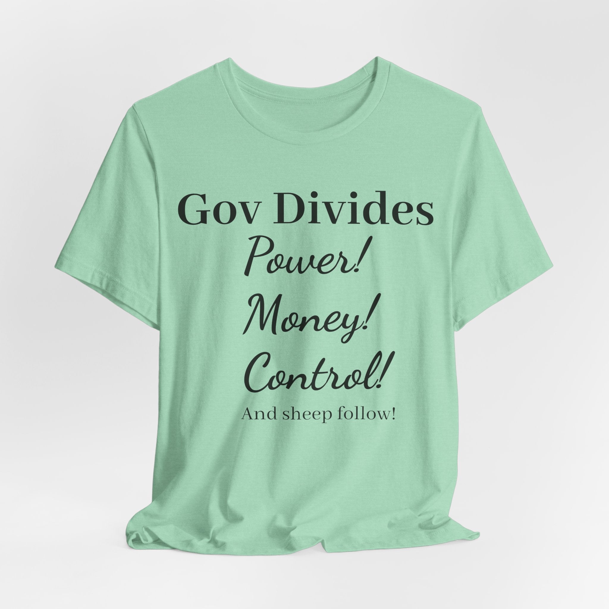 Gov Divides T‑Shirt – "Gov Divides: Power! Money! Control!" Political Statement Tee