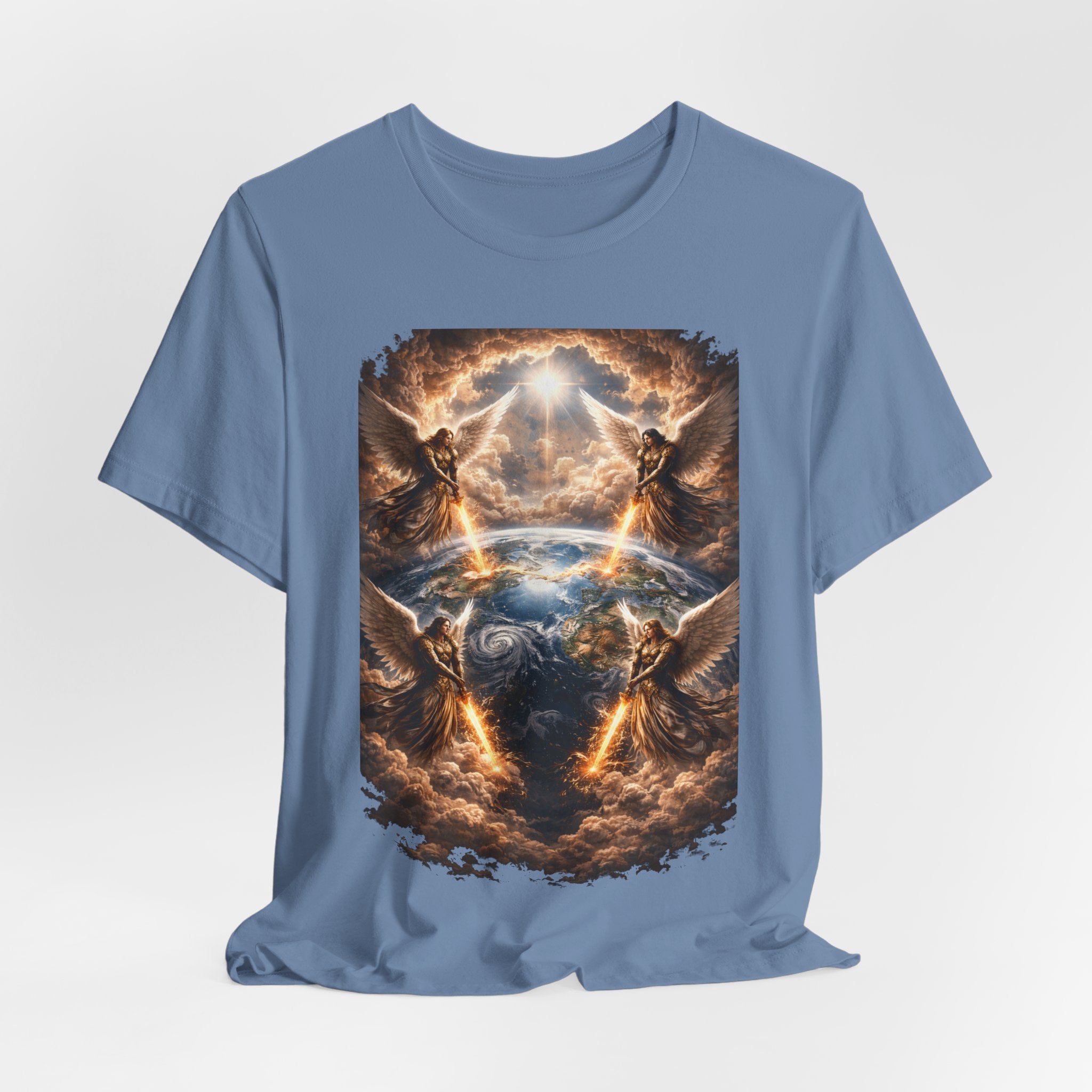Revelation 7:1 Four angels standing on the four corners of the earth as seen from heaven-when the secound comingis near T‑Shirt — Heavenly Earth & Angels Graphic Tee