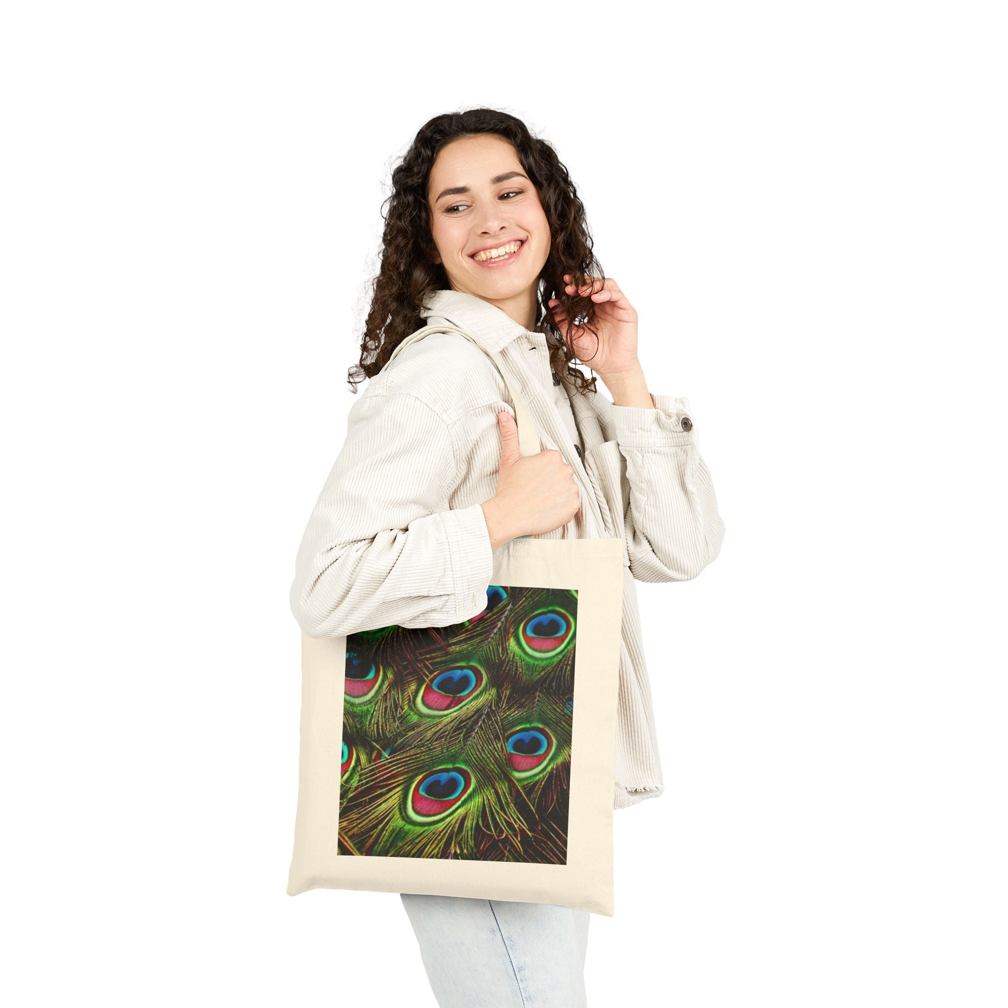 Peacock Feather Canvas Tote Bag — Colorful Nature Print Reusable Shopper