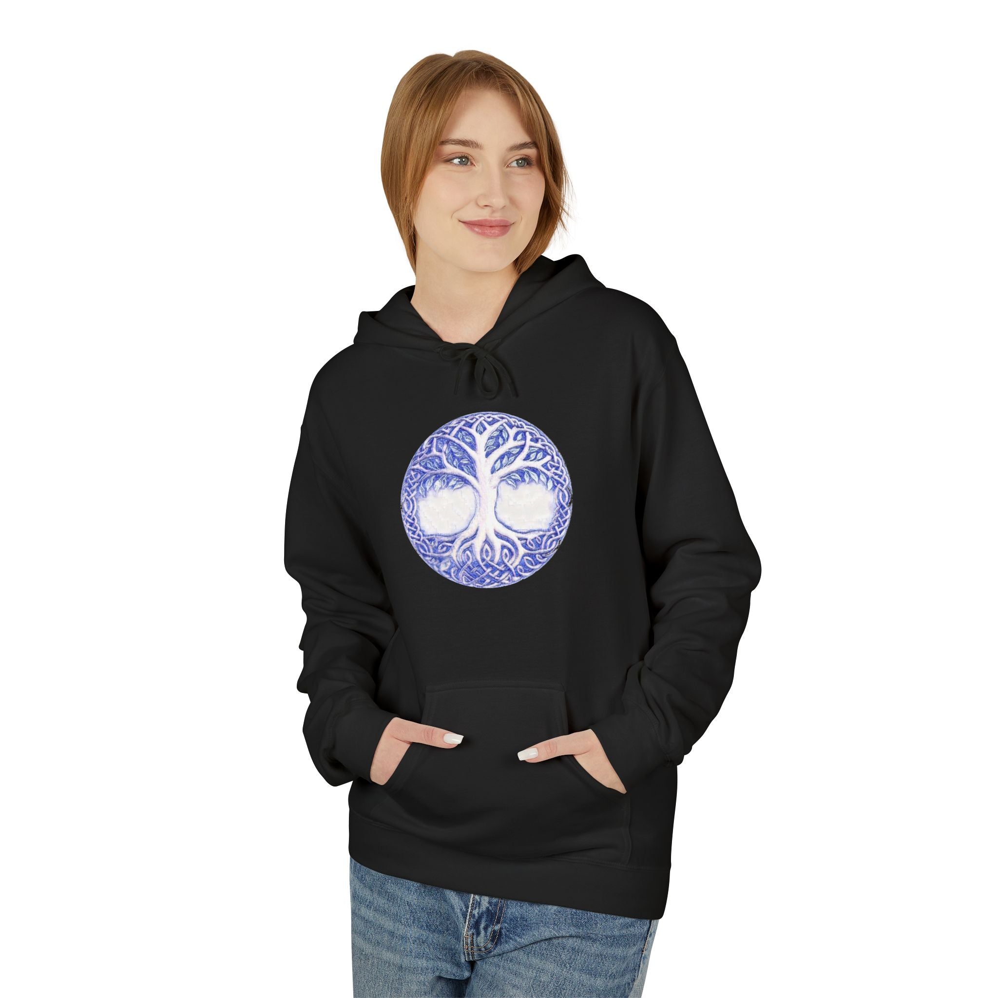 Yggdrasil, the Tree of Life Cotton Hoodie – Blue Mandala Woodland Graphic Pullover