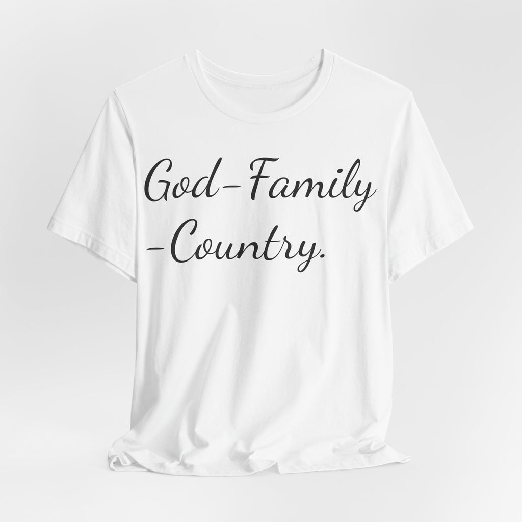 God · Family · Country Script Tee — Patriotic Christian Short Sleeve Shirt