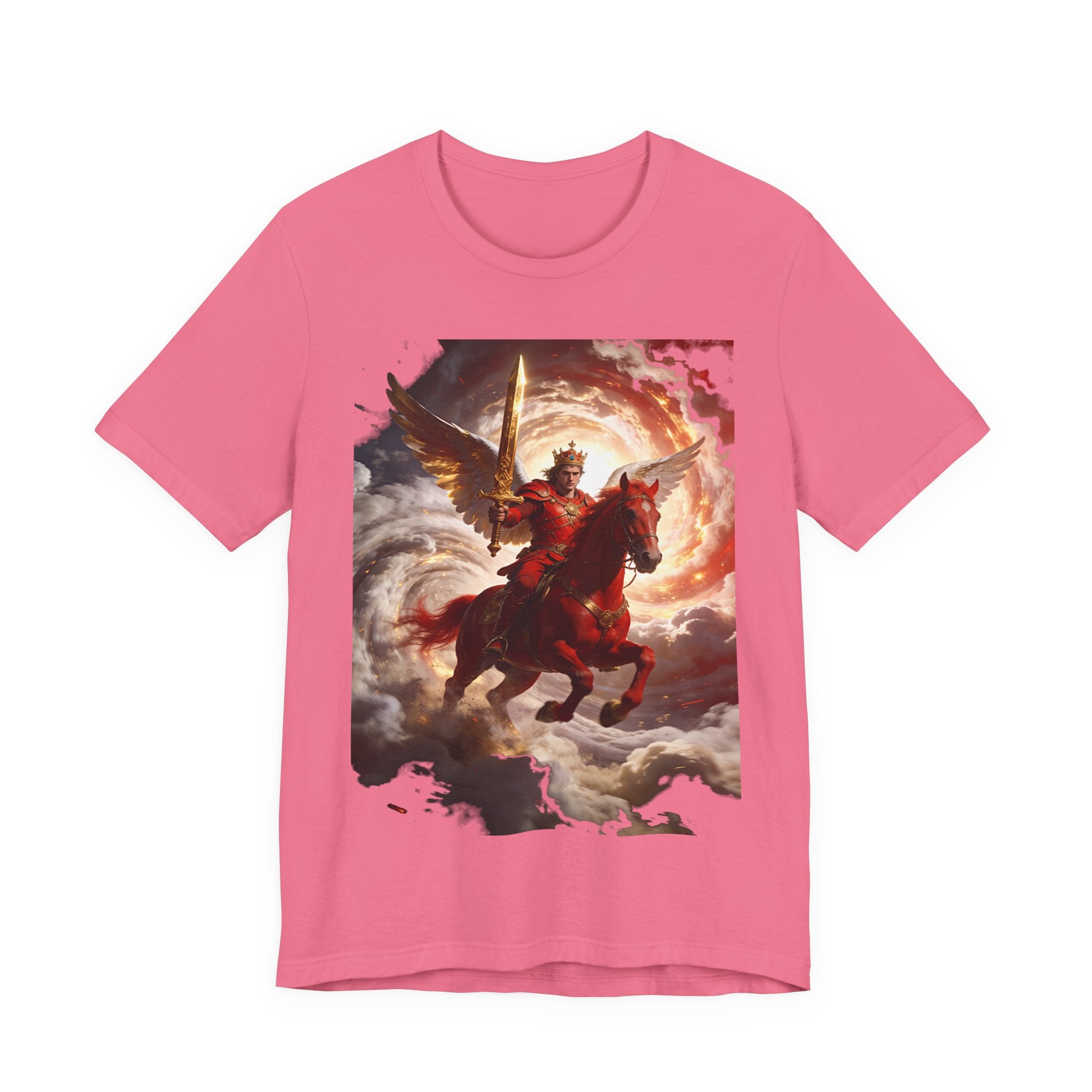 The red horse from Revelation 6:3-4-Winged Knight Riding Red Horse Graphic Tee — Warrior T-Shirt