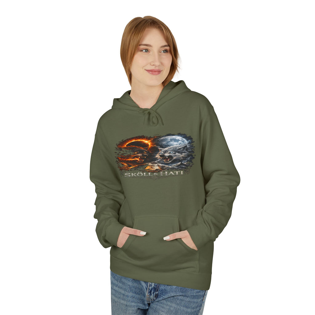 Skoll & Hati Norse Mythology Hoodie — Fire and Ice Wolves Graphic