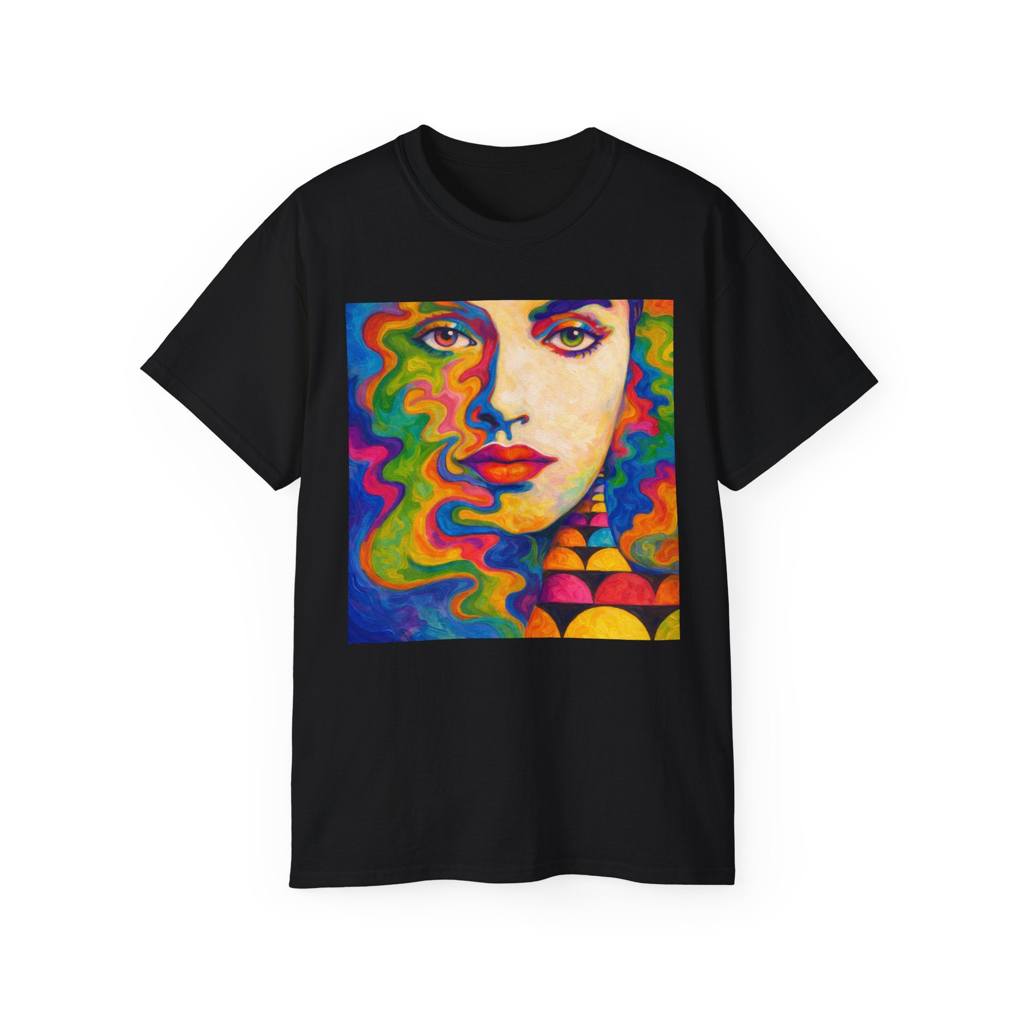 Psychedelic Portrait Cotton T‑Shirt — Colorful Retro Face Art Tee