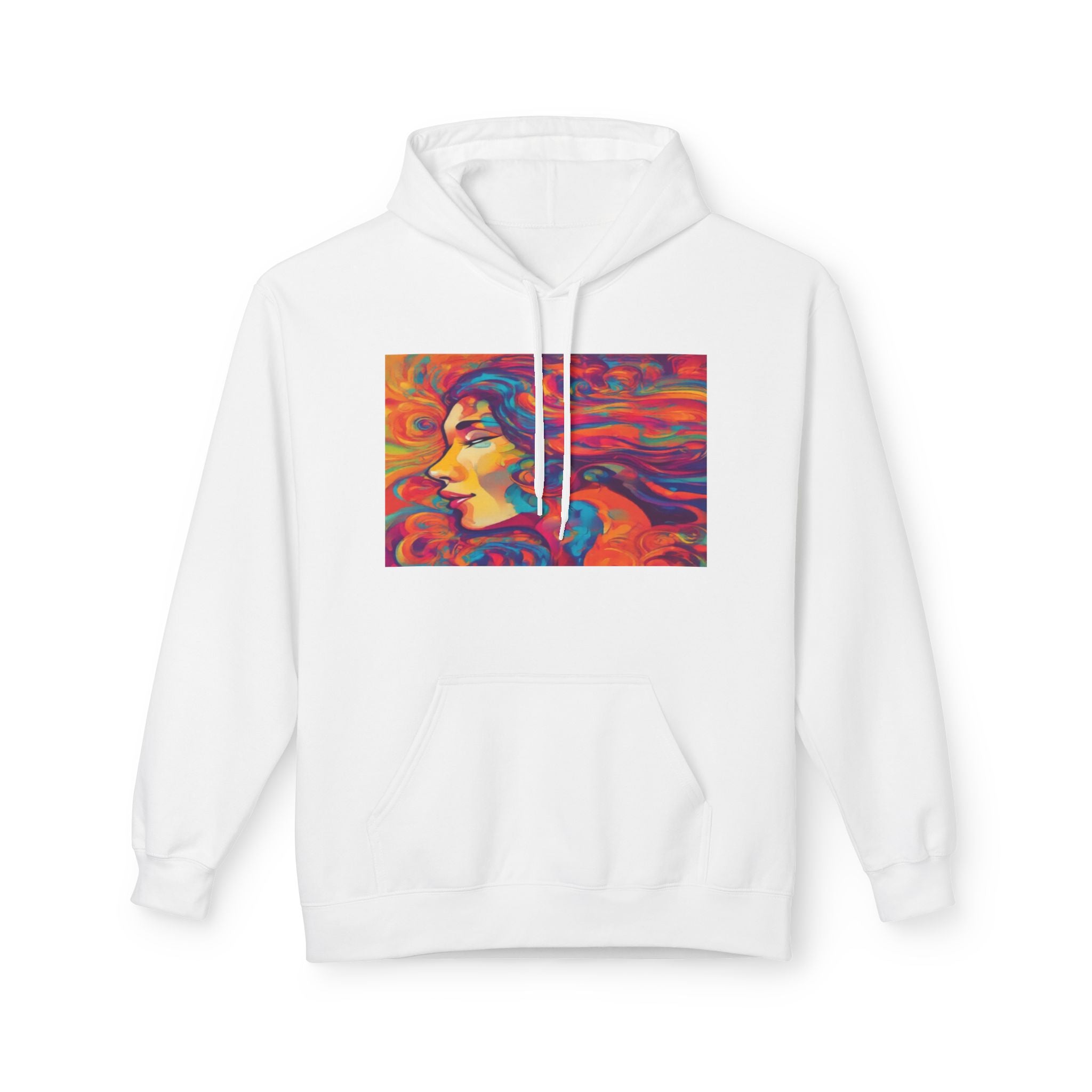 Colorful 1970s Psychedelic Woman Portrait Hoodie — Vibrant Retro Art Pullover