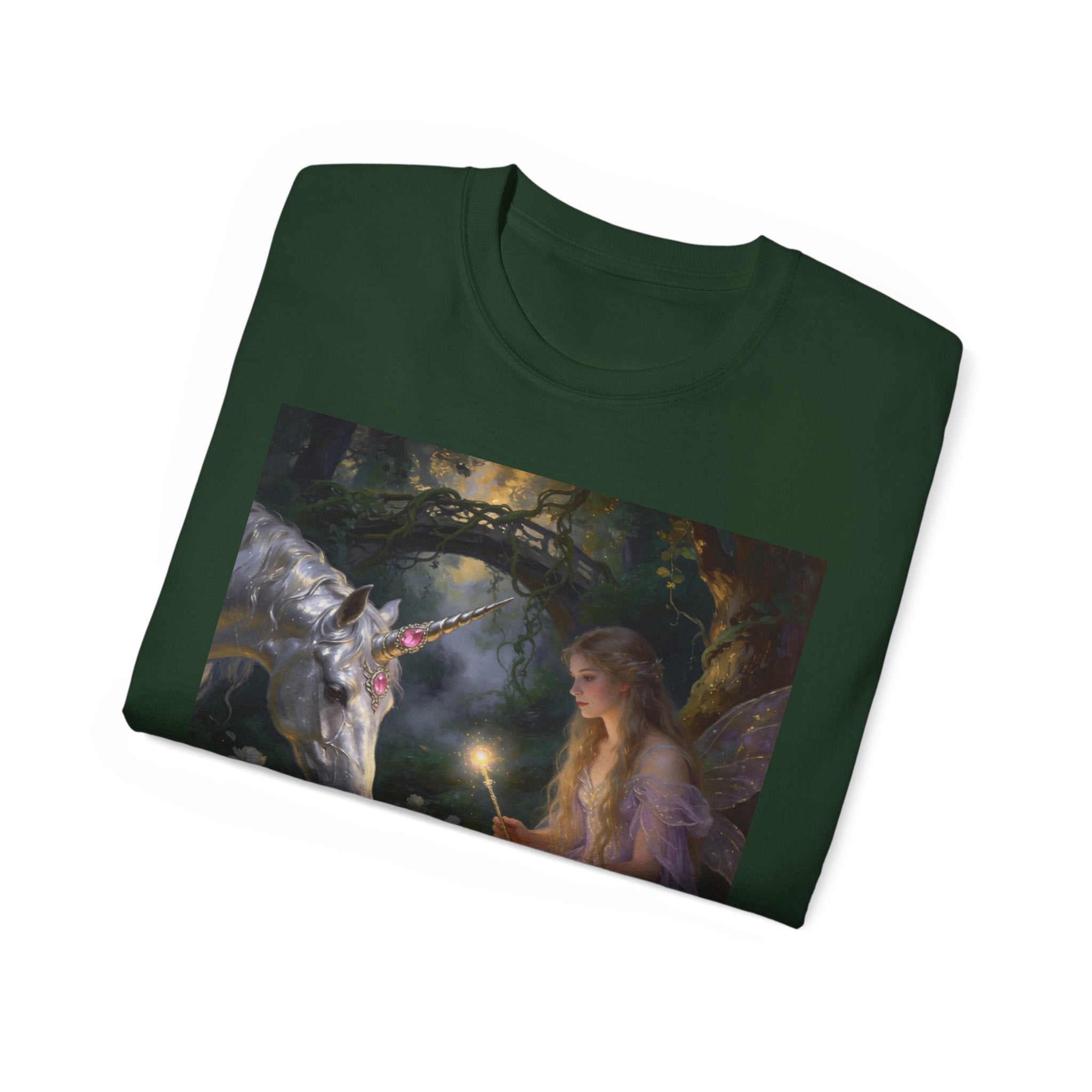 Unicorn Night Fairy Cotton T‑Shirt — Enchanted Girl & Unicorn Art Tee