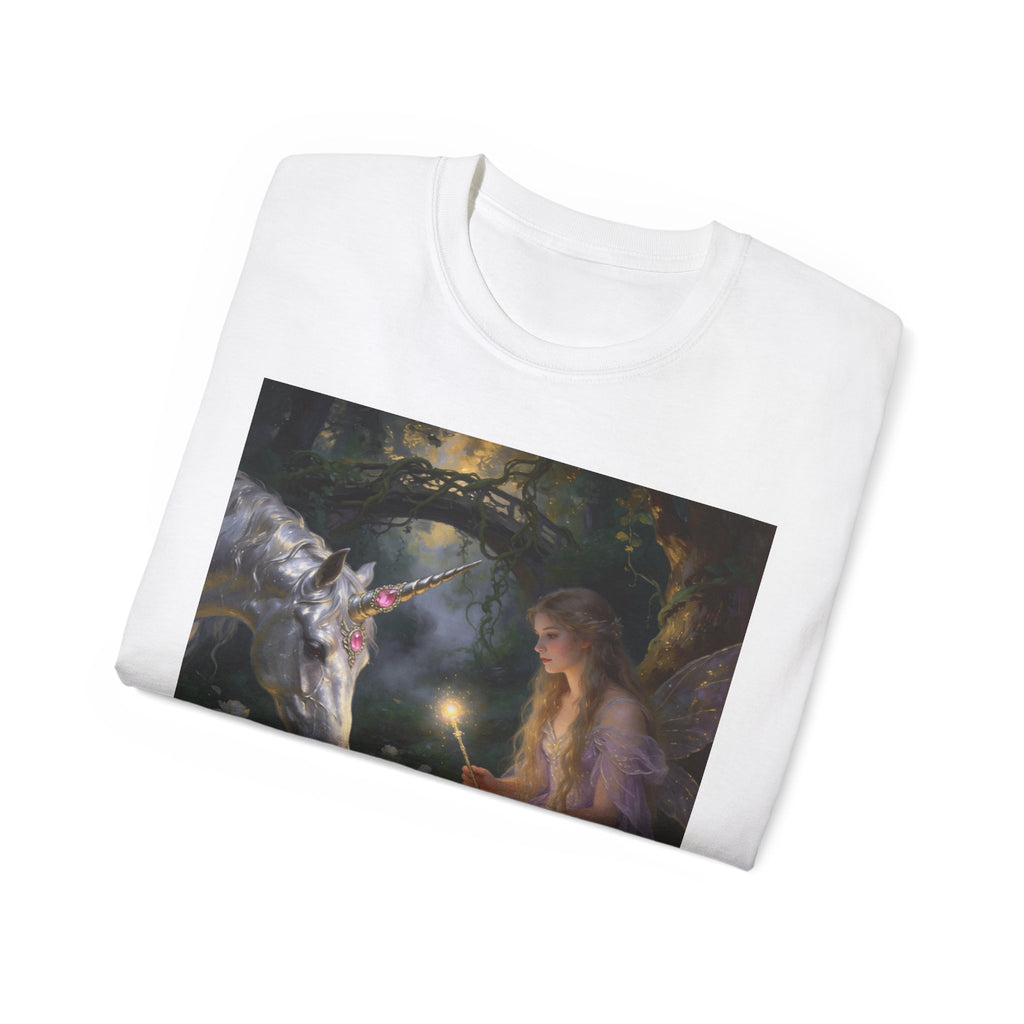 Unicorn Night Fairy Cotton T‑Shirt — Enchanted Girl & Unicorn Art Tee