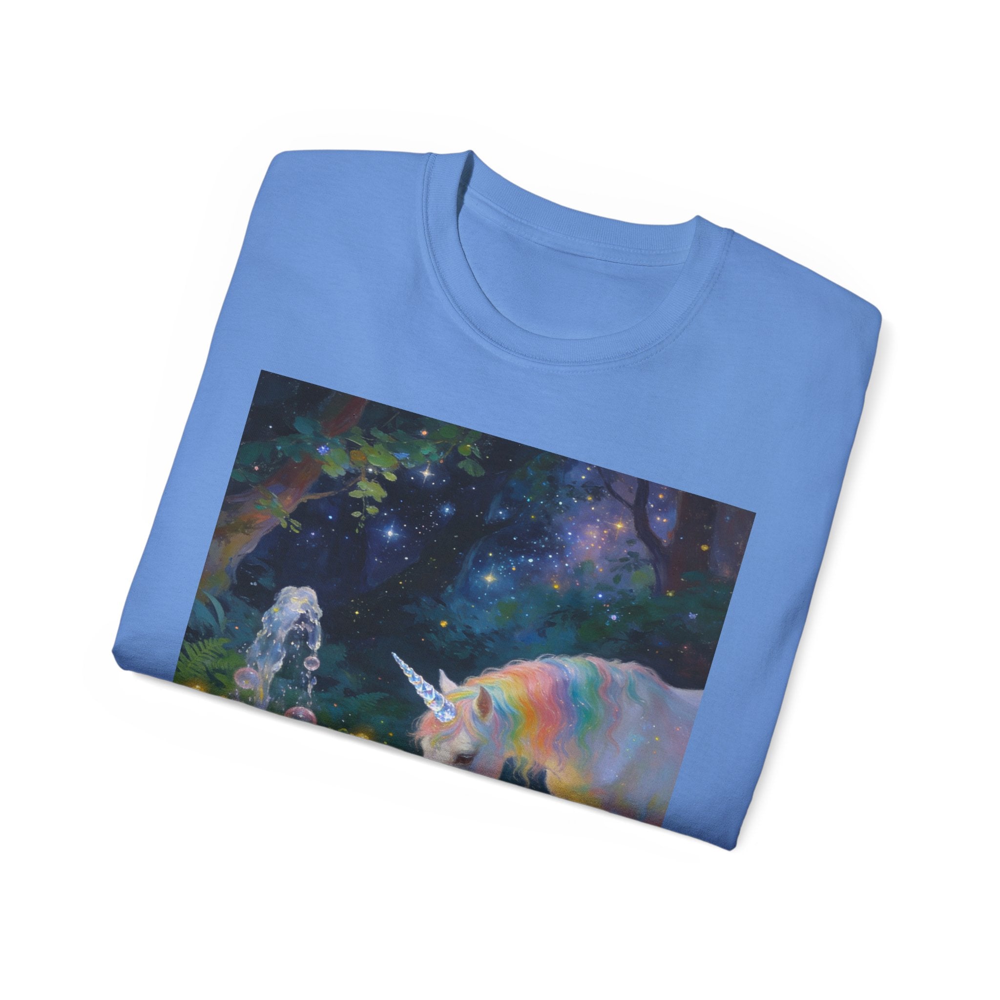 Unicorn Night Garden Tee — Rainbow Unicorn at Moonlit Fountain T-Shirt