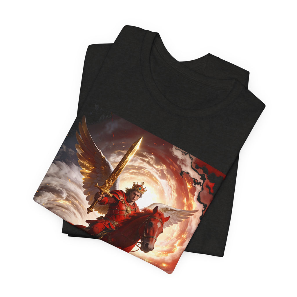 The red horse from Revelation 6:3-4-Winged Knight Riding Red Horse Graphic Tee — Warrior T-Shirt