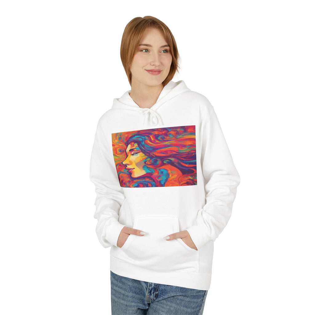 Colorful 1970s Psychedelic Woman Portrait Hoodie — Vibrant Retro Art Pullover