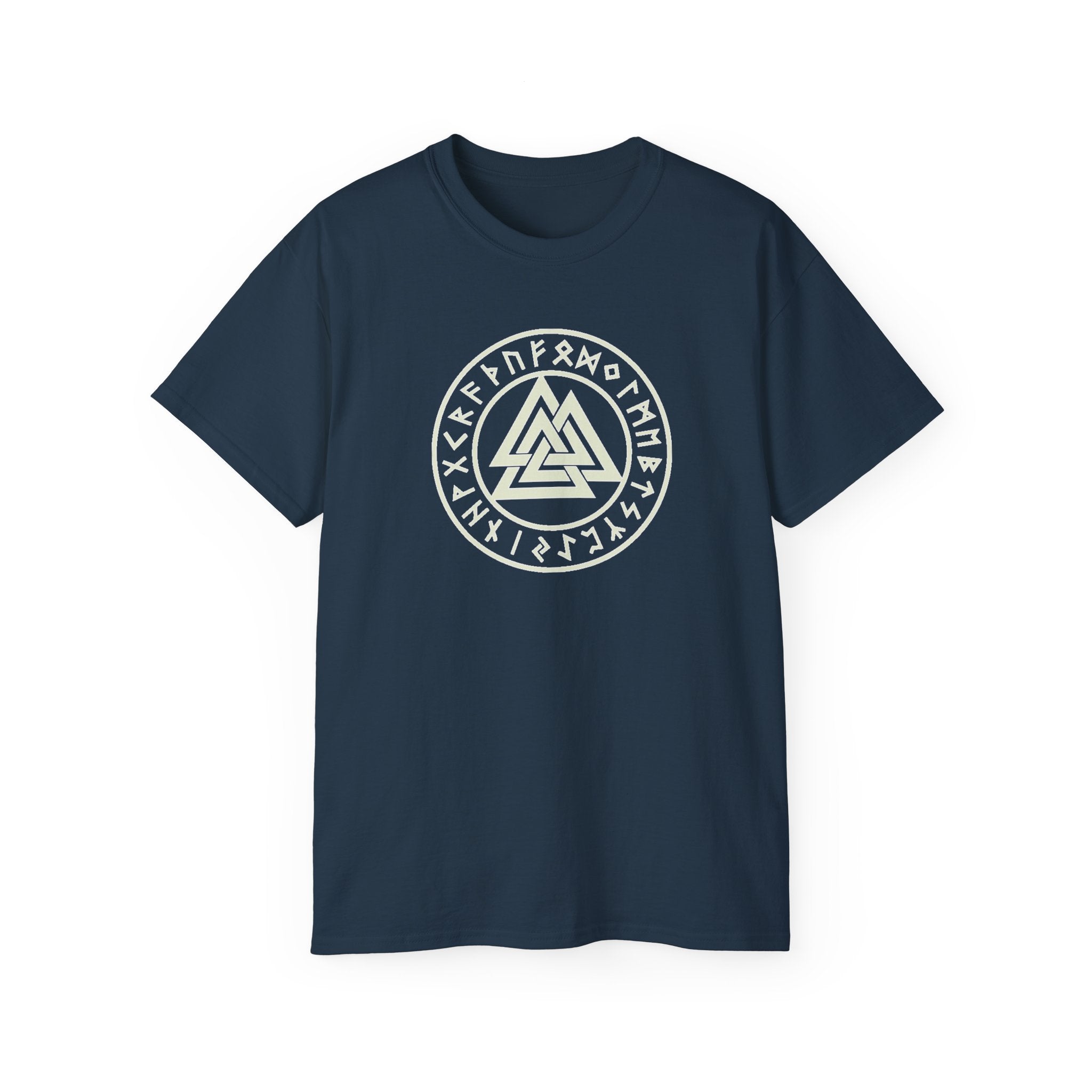 Valknut Rune Circle Tee — Norse Mythology Viking Symbol Cotton T-Shirt