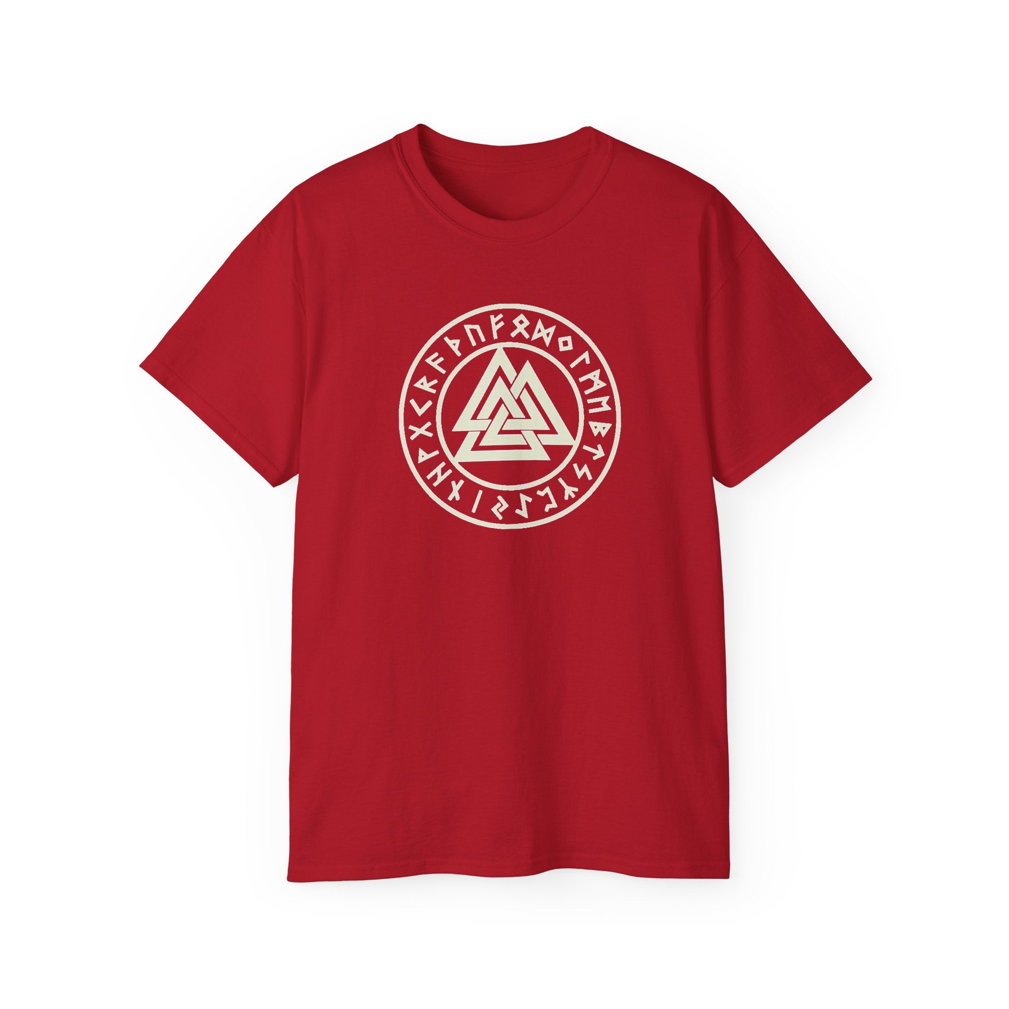 Valknut Rune Circle Tee — Norse Mythology Viking Symbol Cotton T-Shirt